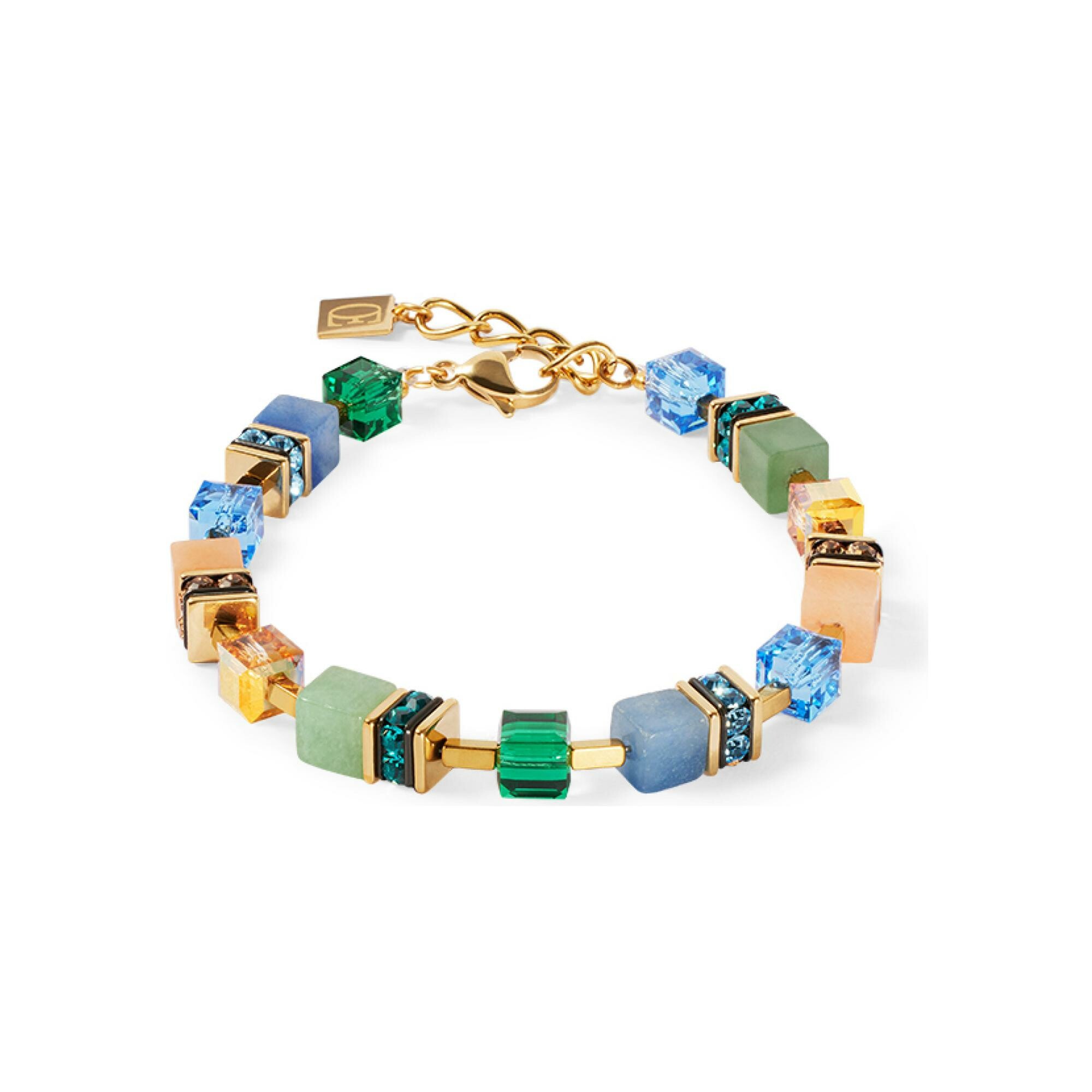 Bracelet Coeur de Lion GeoCUBE Precious Statement  en acier doré, aventurine rosé, aventurine verte et aventurine bleu, cristaux Swarovski et strass