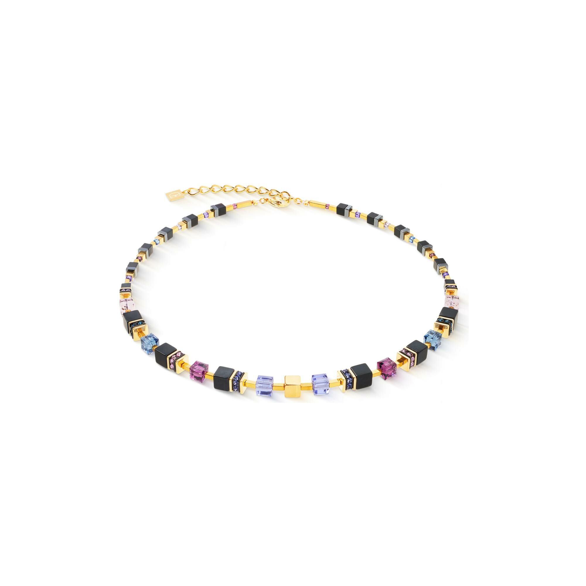 Collier Coeur de Lion GeoCUBE Precious Classic en acier doré, onyx, cristaux Swarovski et strass et hématite