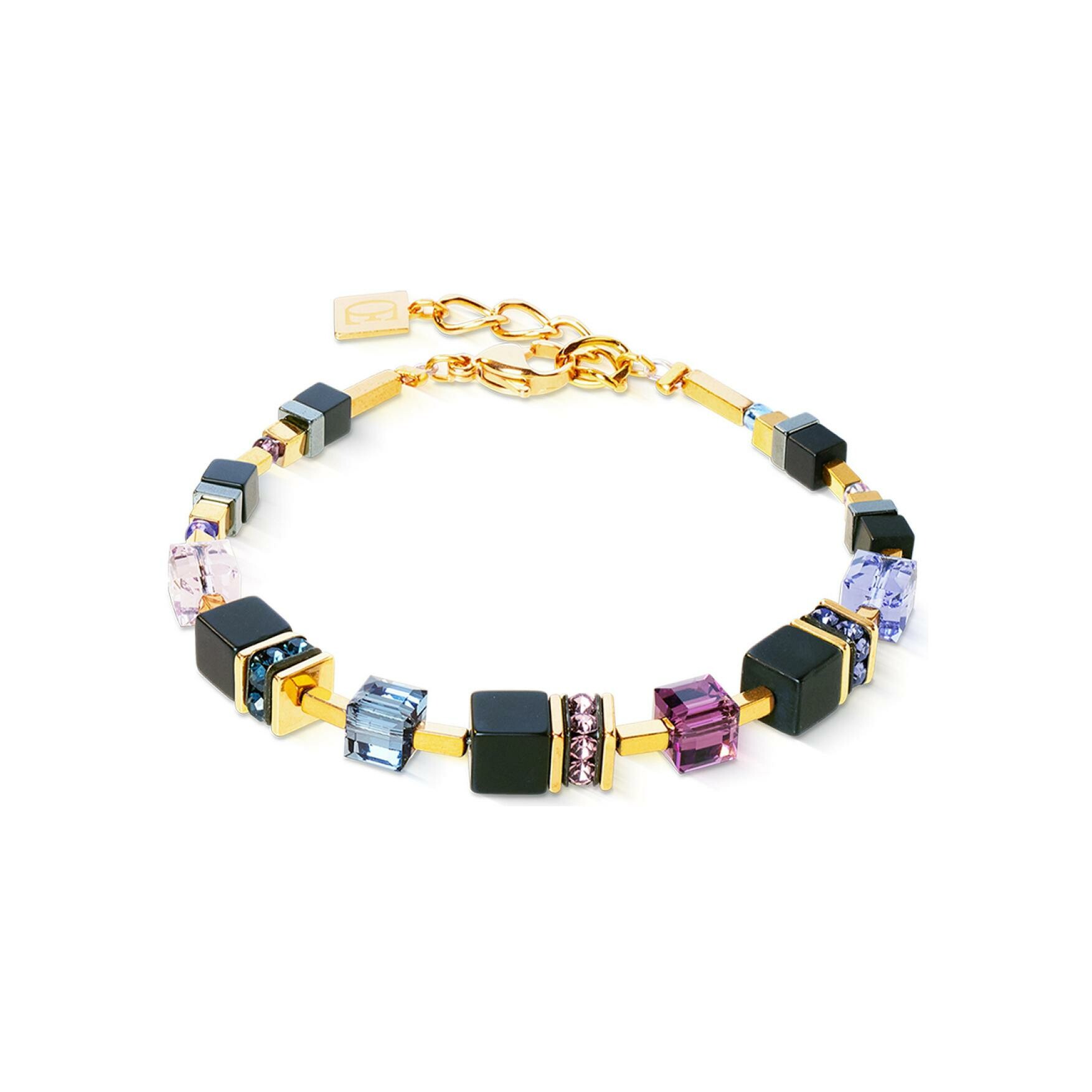 Bracelet Coeur de Lion GeoCUBE Precious Classic en acier doré, onyx, cristaux Swarovski et strass et hématite