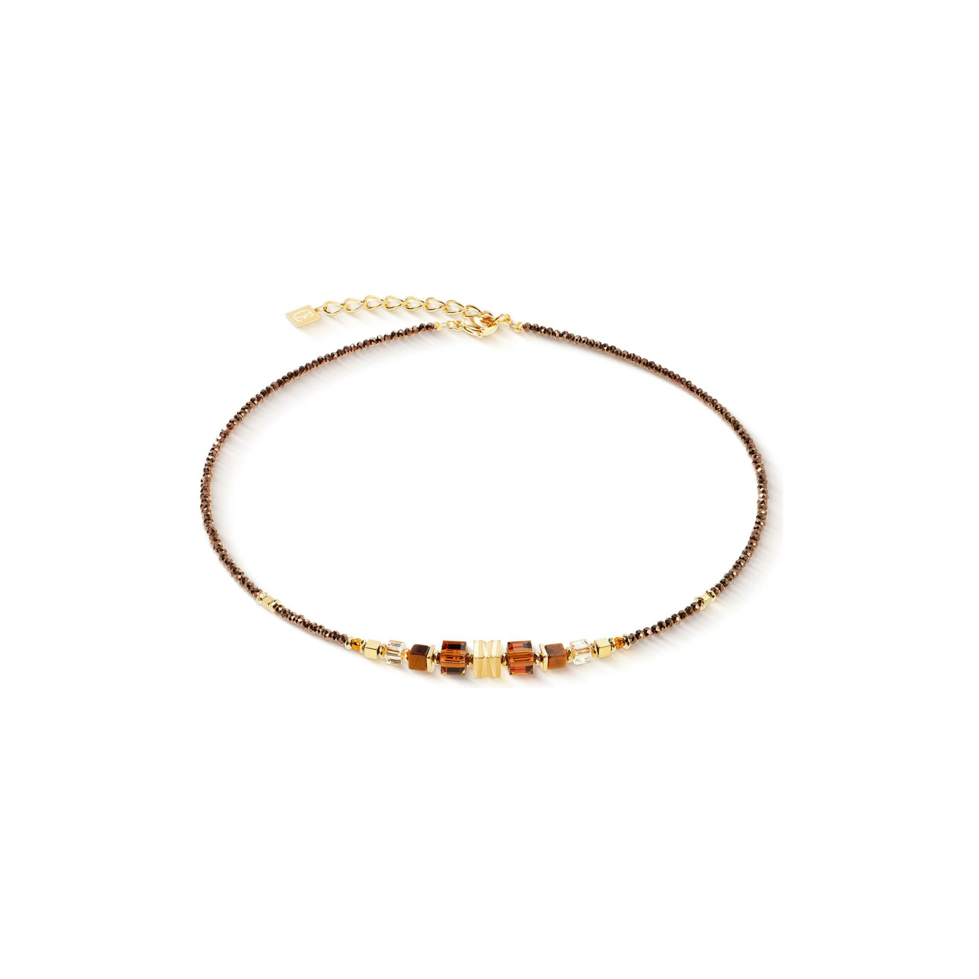 Collier Coeur de Lion Wave Cube Flow en acier doré, oeil de tigre, hématite et cristaux Swarovski et verre