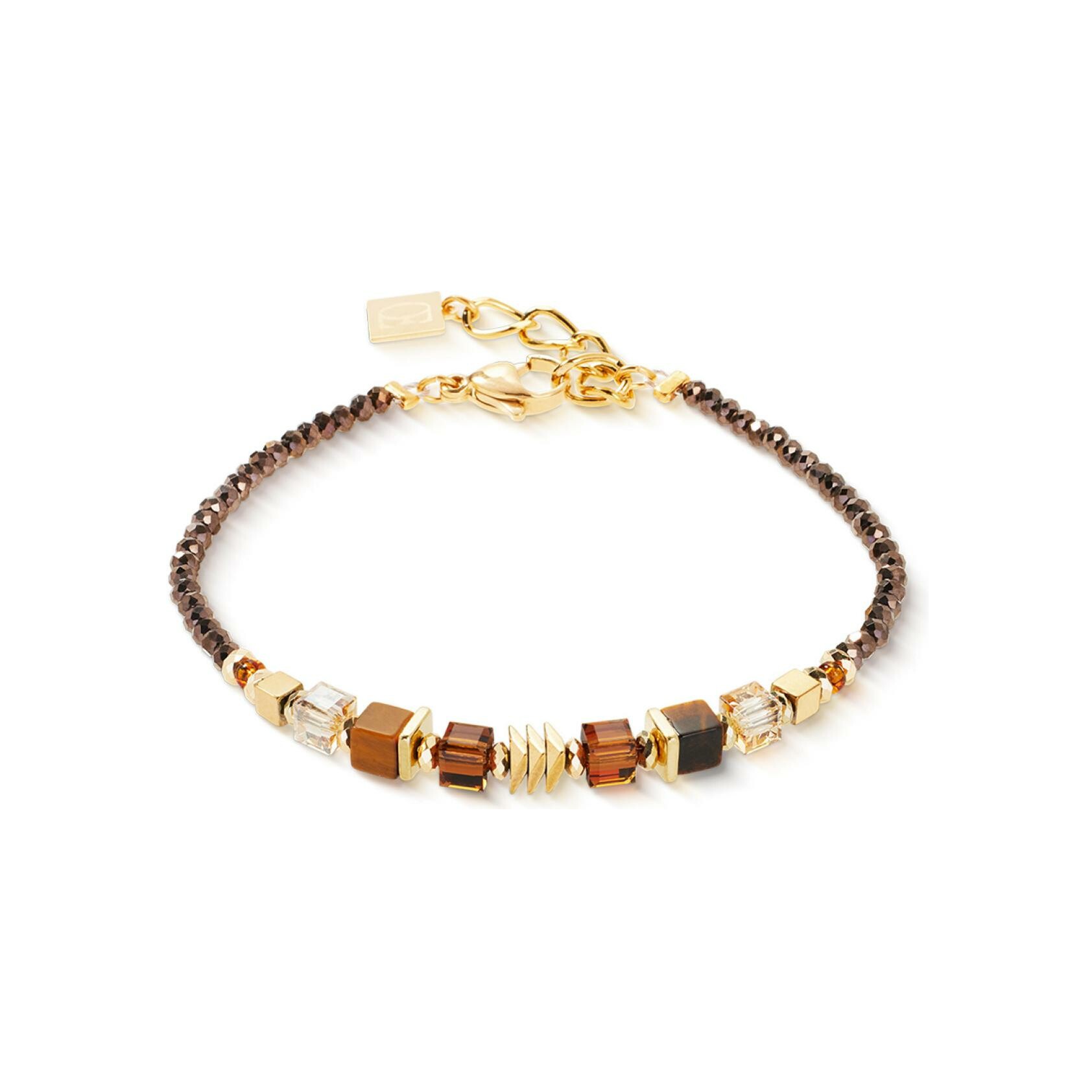 Bracelet Coeur de Lion Wave Cube Flow en acier doré, oeil de tigre, cristaux Swarovski et verre