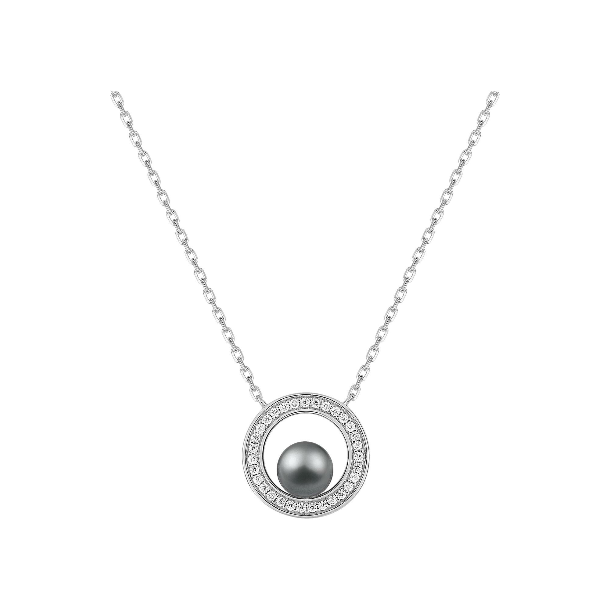 Collier en argent rhodié, perle d'imitation et oxyde de zirconium