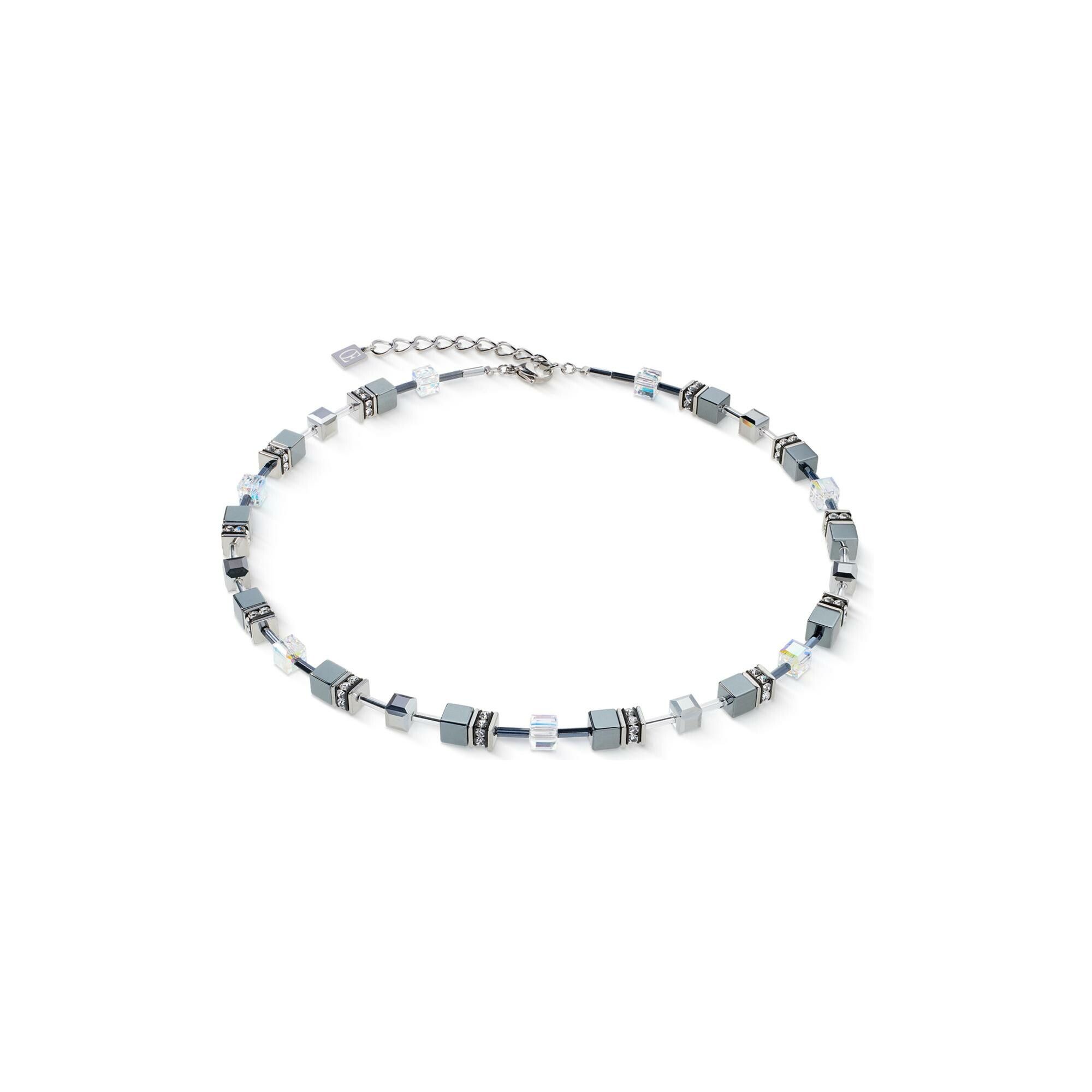 Collier Coeur de Lion GeoCUBE platinum en acier, cristaux Swarovski, strass et hématite