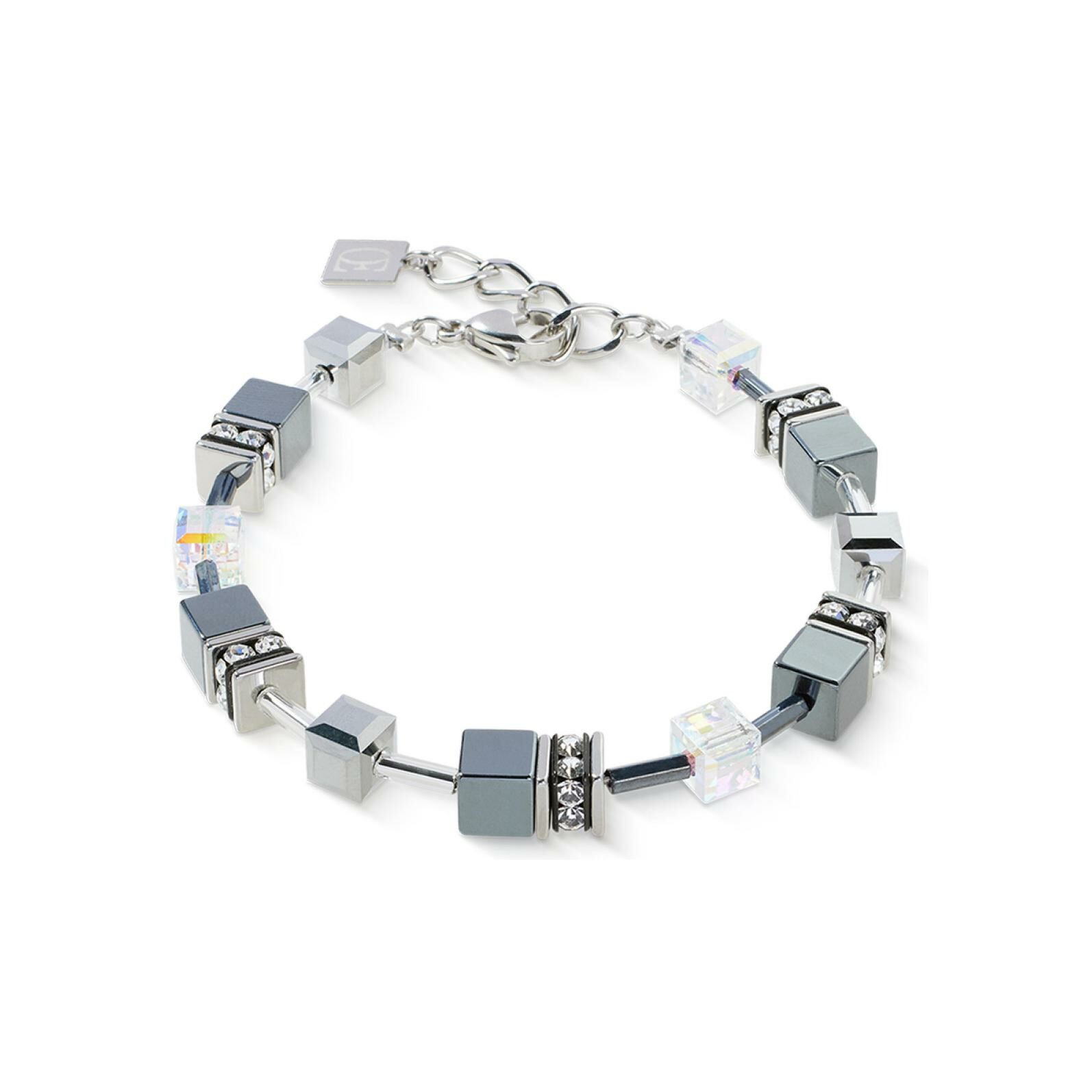 Bracelet Coeur de Lion GeoCUBE platinum en acier, cristaux Swarovski, strass et hématite