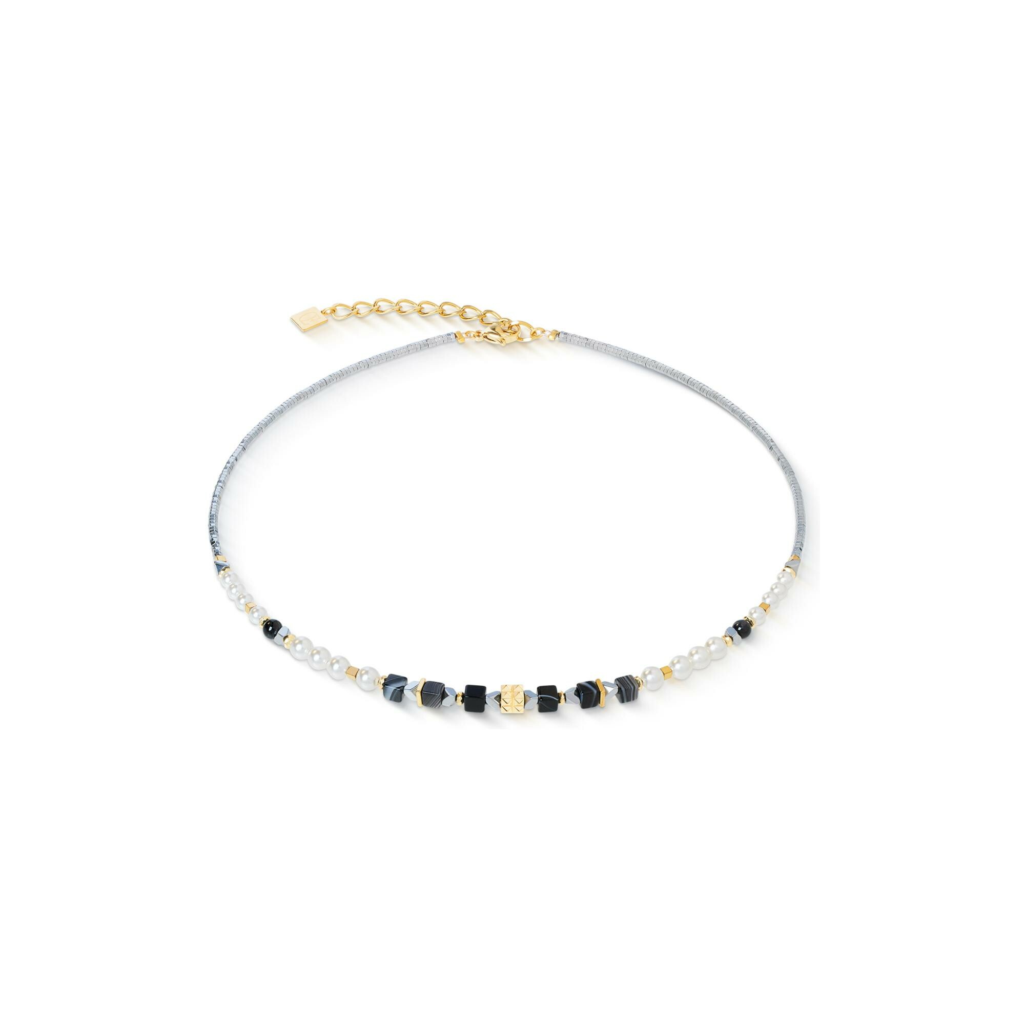 Collier Coeur de Lion Modern Elegance Spikes en acier doré, onyx, cristaux Swarovski et hématite