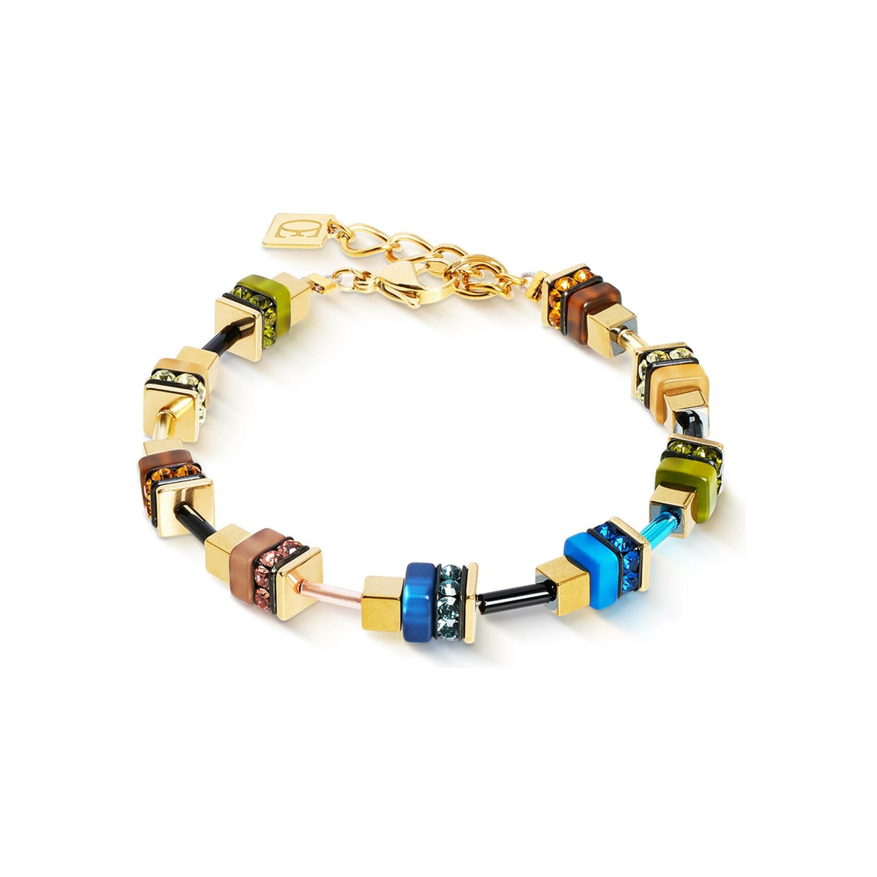 Bracelet Coeur de Lion Autumn Glow Cube en acier doré, strass, polaris et hématite