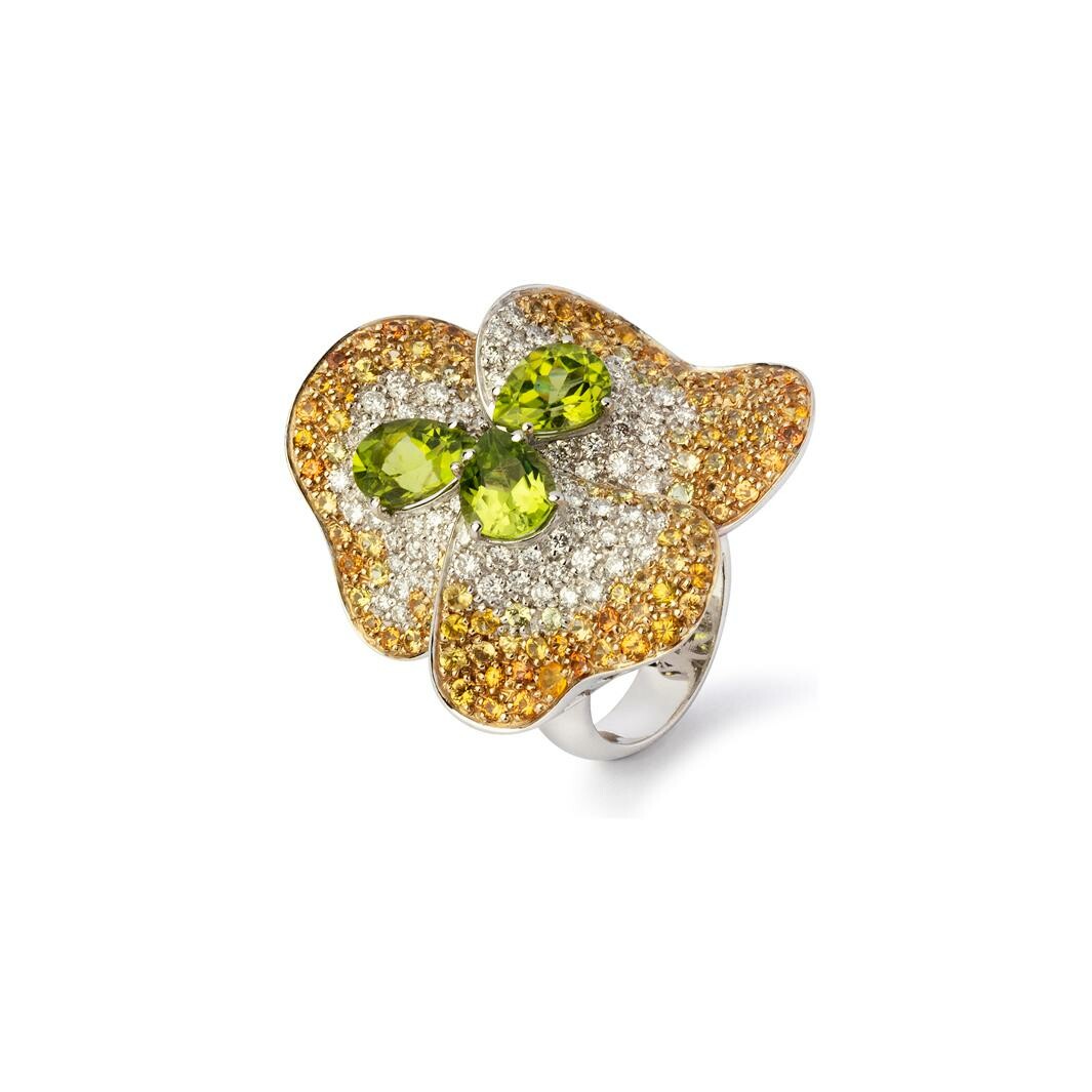 Bague en or blanc (taille 54) sertie de saphirs poire, de pierres fines et de diamants en serti grains