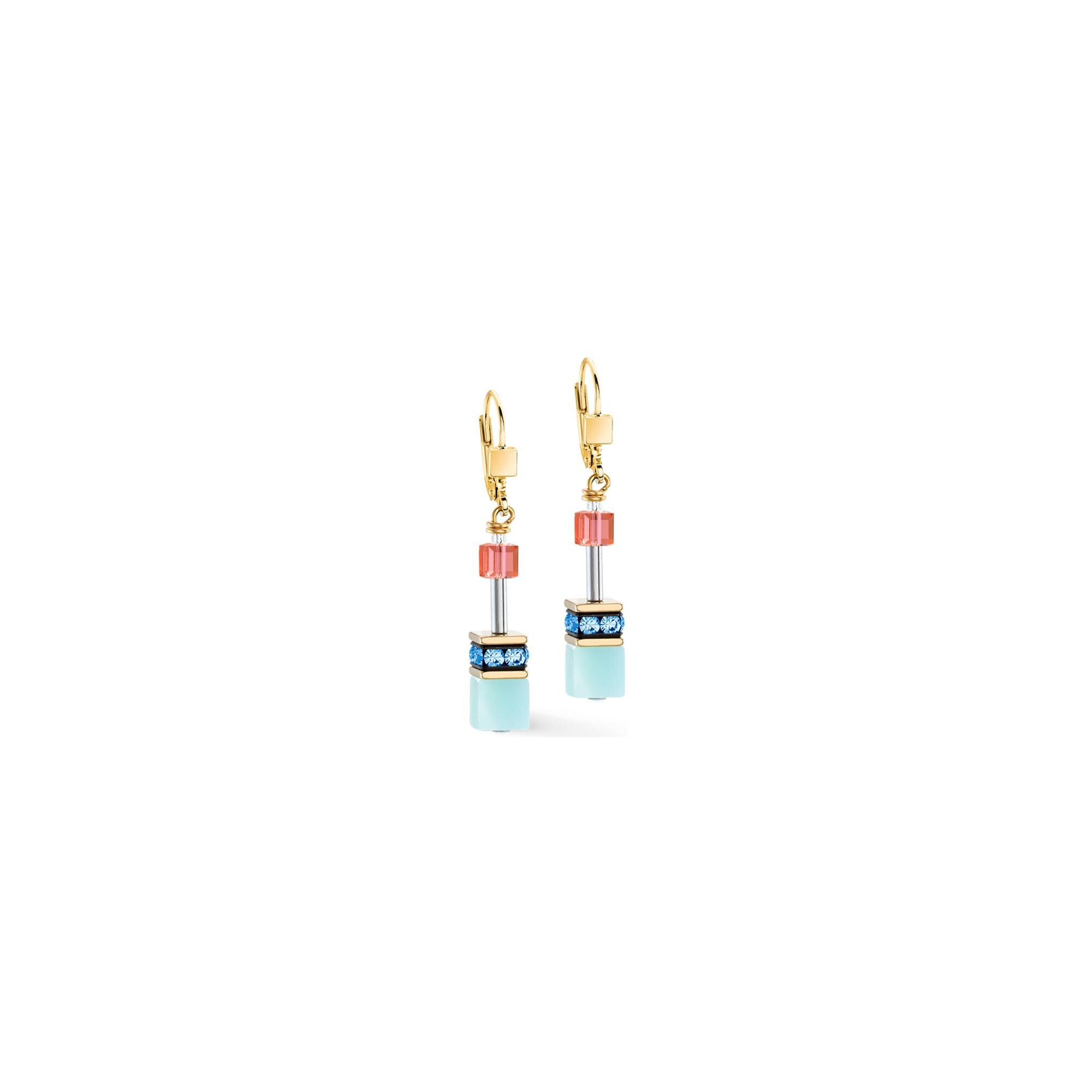 Boucles d'oreilles Coeur de Lion GeoCUBE Iconic Precious en acier doré, acier, amazonite, cristaux Swarovski et strass