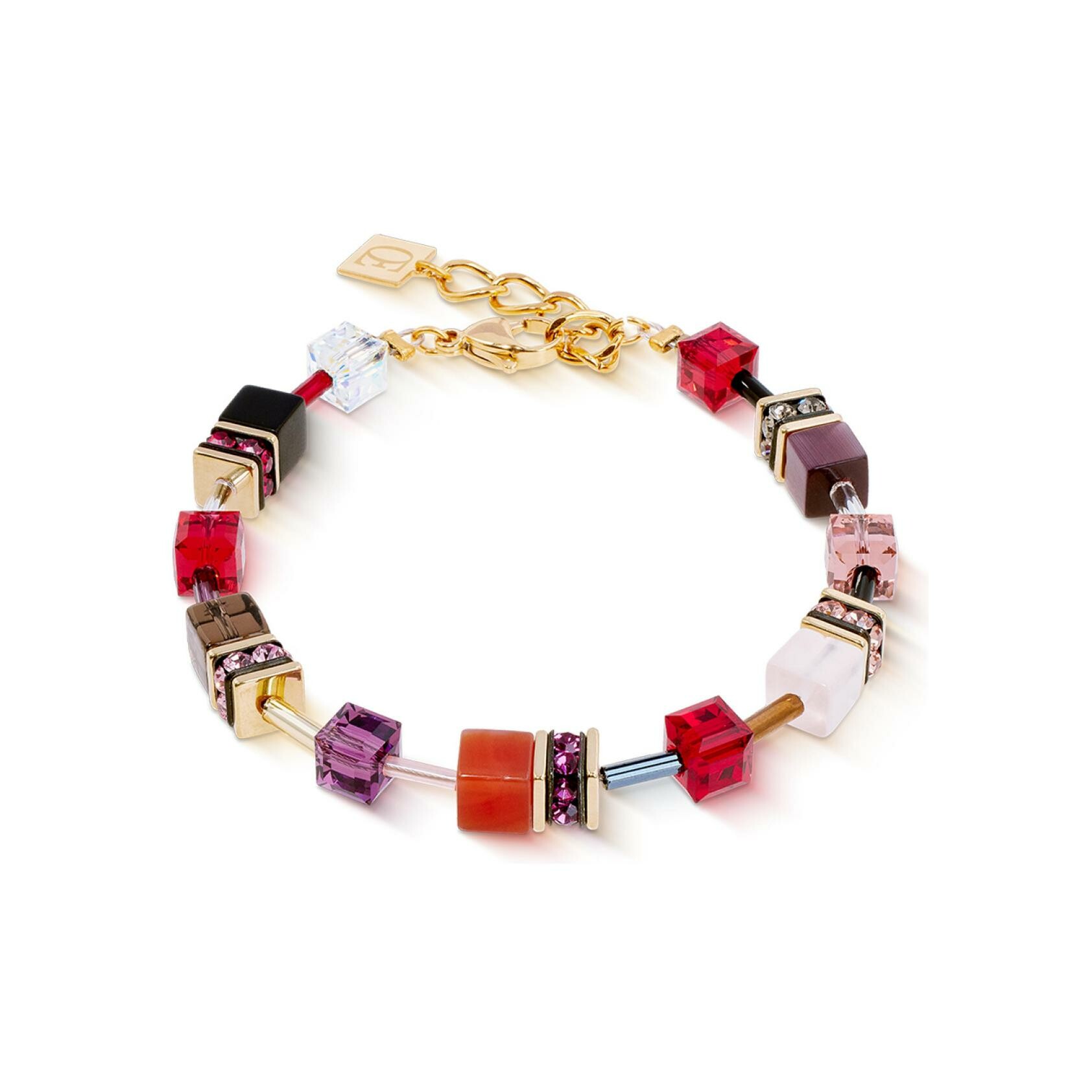 Bracelet Coeur de Lion GeoCUBE Iconic Precious en acier doré, quartz fumé, cornaline et onyx, quartz rose, oeil de tigre, cristaux Swarovski et strass