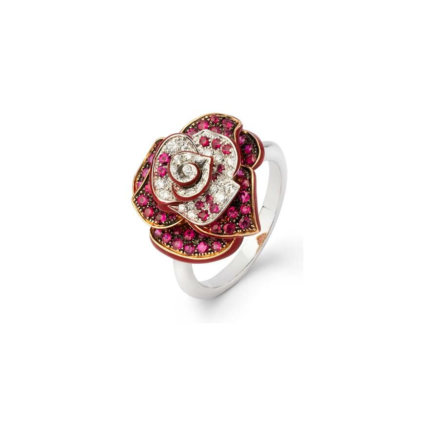 Bague fleur en or blanc et or rose (taille 54), sertie de rubis et de diamants