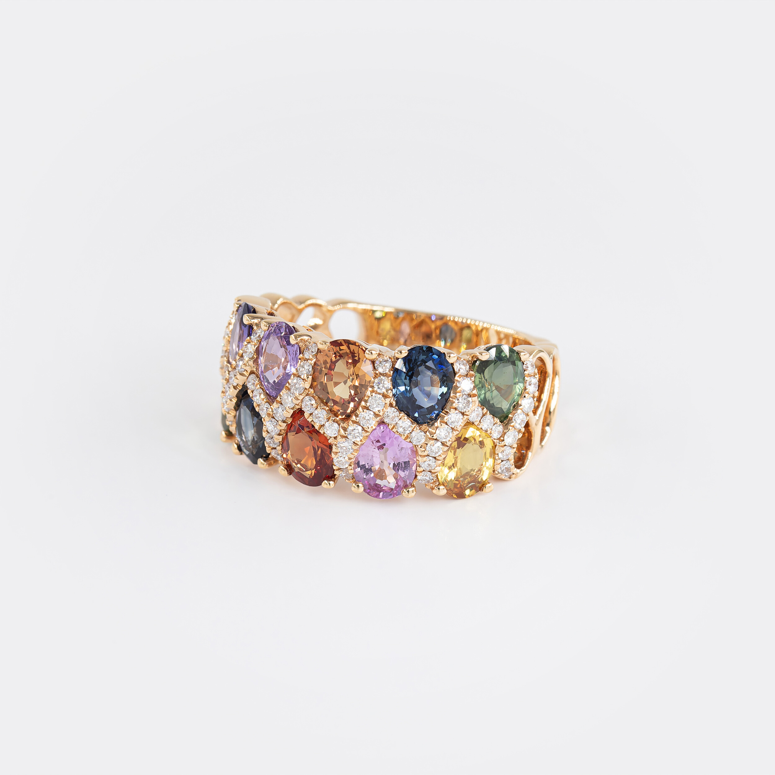 Bague Arlequin or rose & saphirs multicolores  vue 3