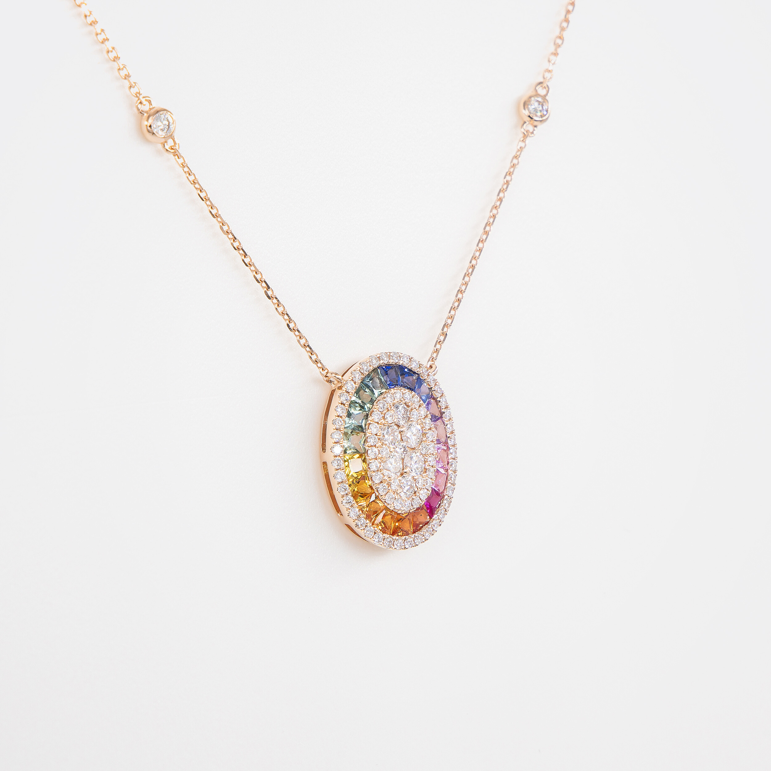 Collier Rainbow Ovale or rose & saphirs multicolores vue 2