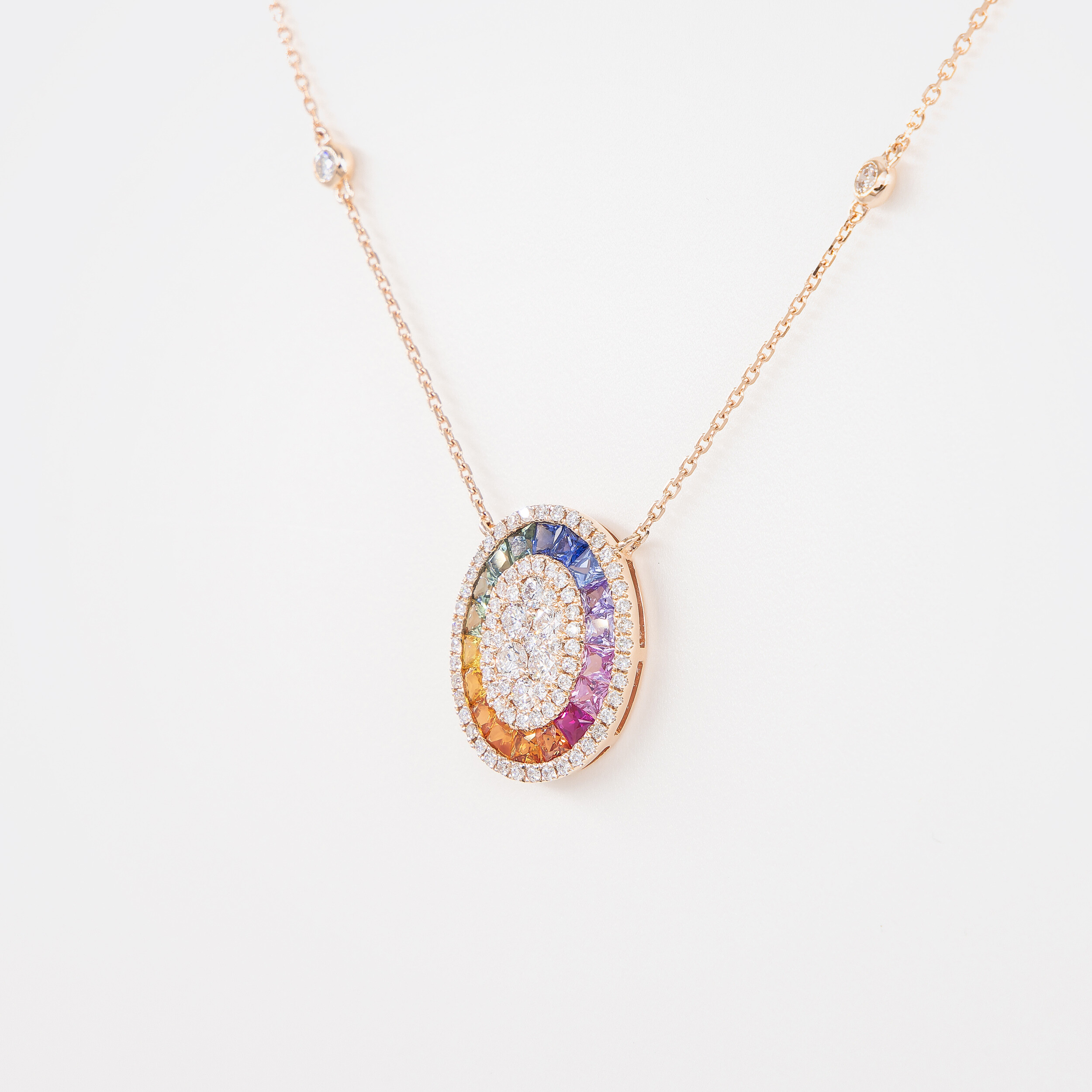 Collier Rainbow Ovale or rose & saphirs multicolores vue 3