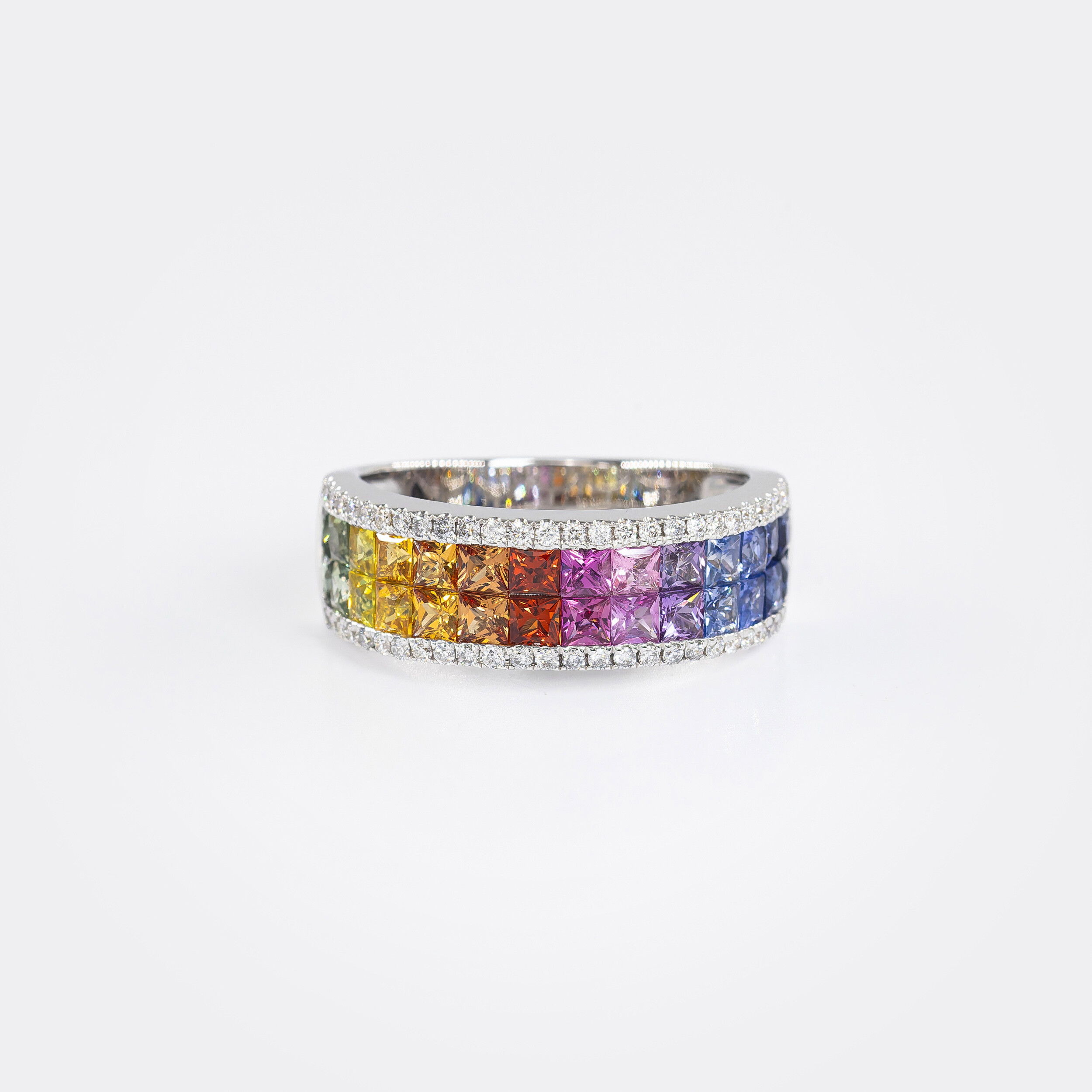 Bague Rainbow double rang or blanc & saphirs multicolores vue 1