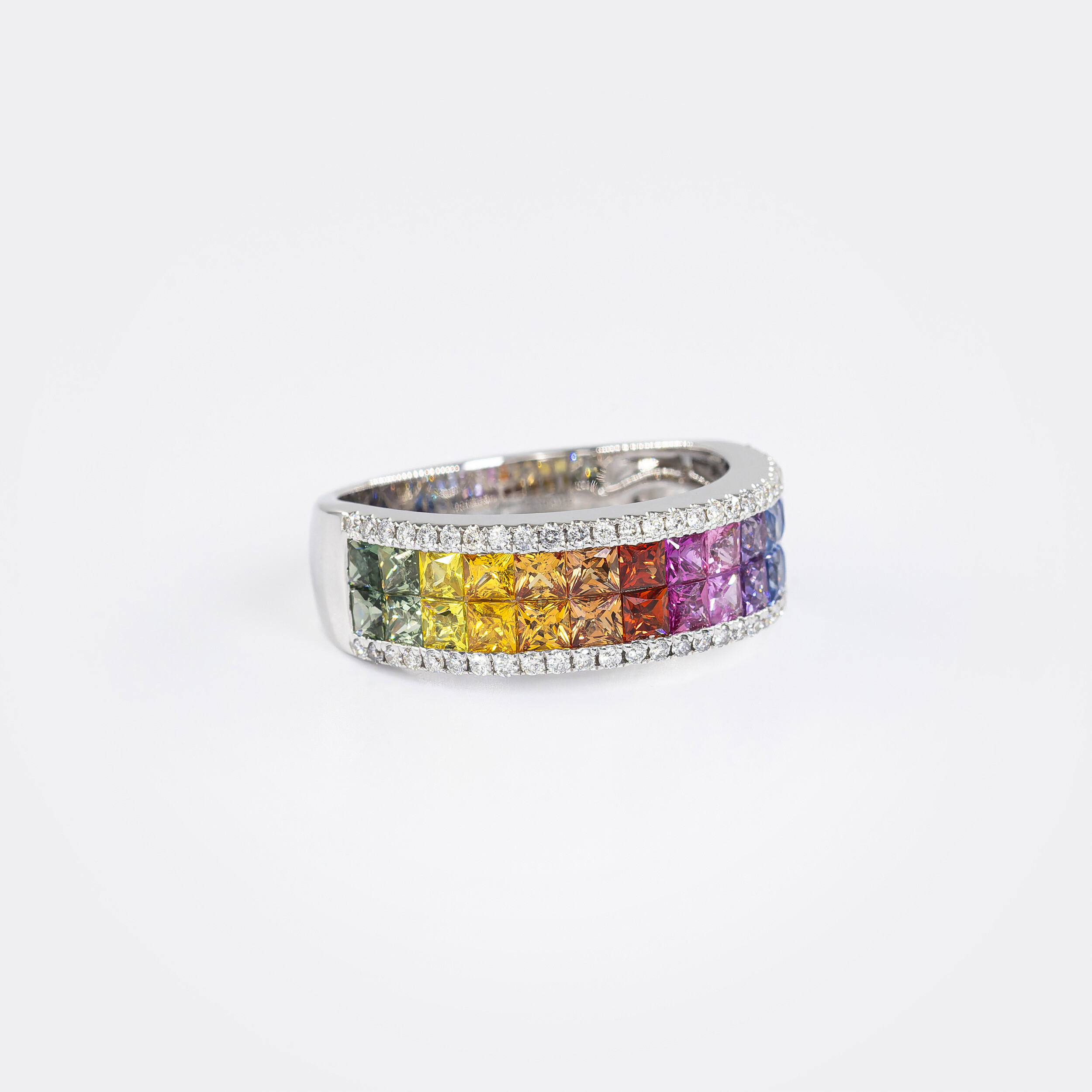 Bague Rainbow double rang or blanc & saphirs multicolores vue 2