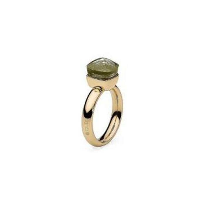 Bague QUDO Firenze en métal doré et pierre de couleur olivine, taille 60