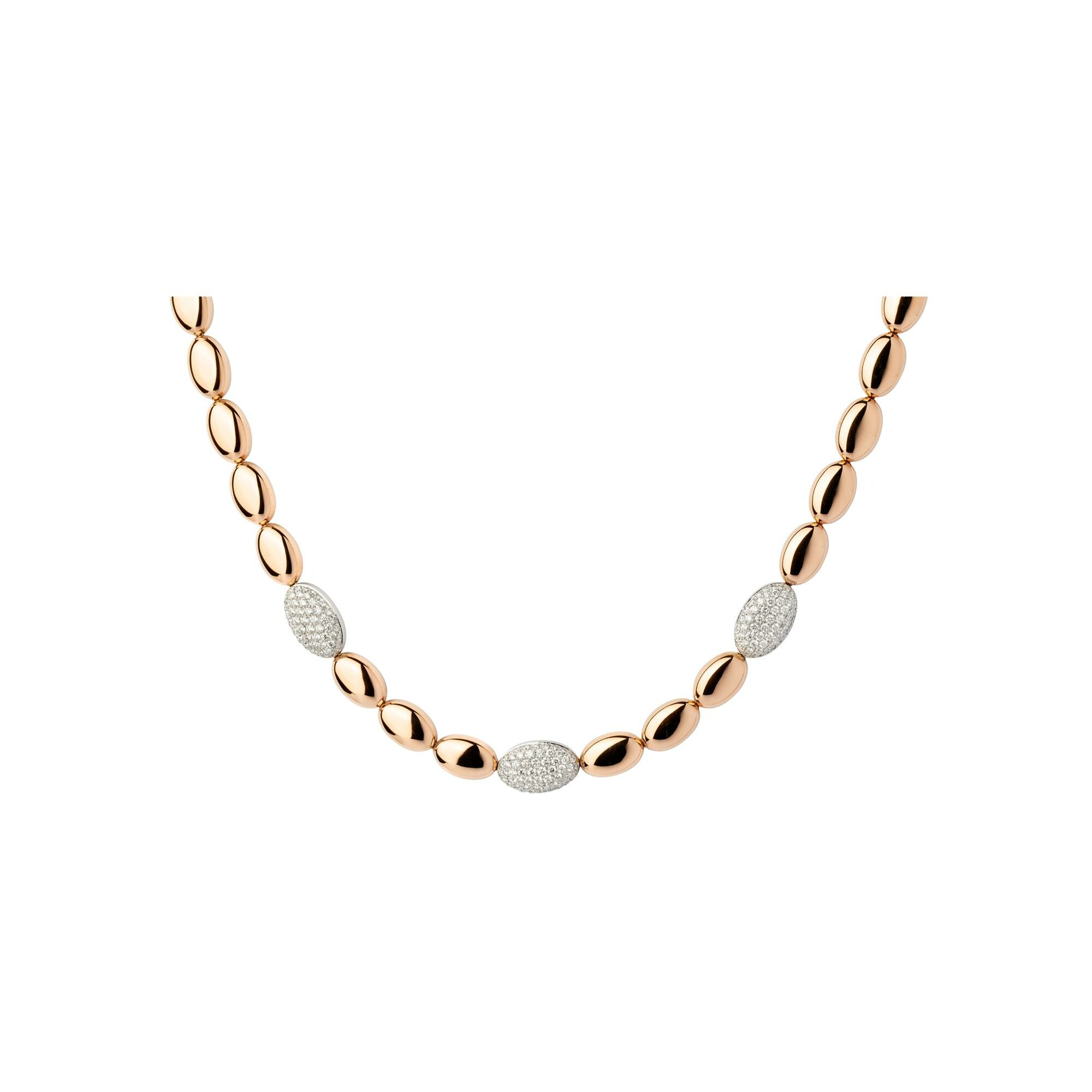 Collier en or gris et or rose de 42 cm, avec trois motifs pavés de diamants (1,75 ct) et motifs ovales en or rose