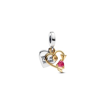 Charm Pandora Moments pendant double cœur & flèche gravable en argent, métal doré et oxyde de zirconium vue 1