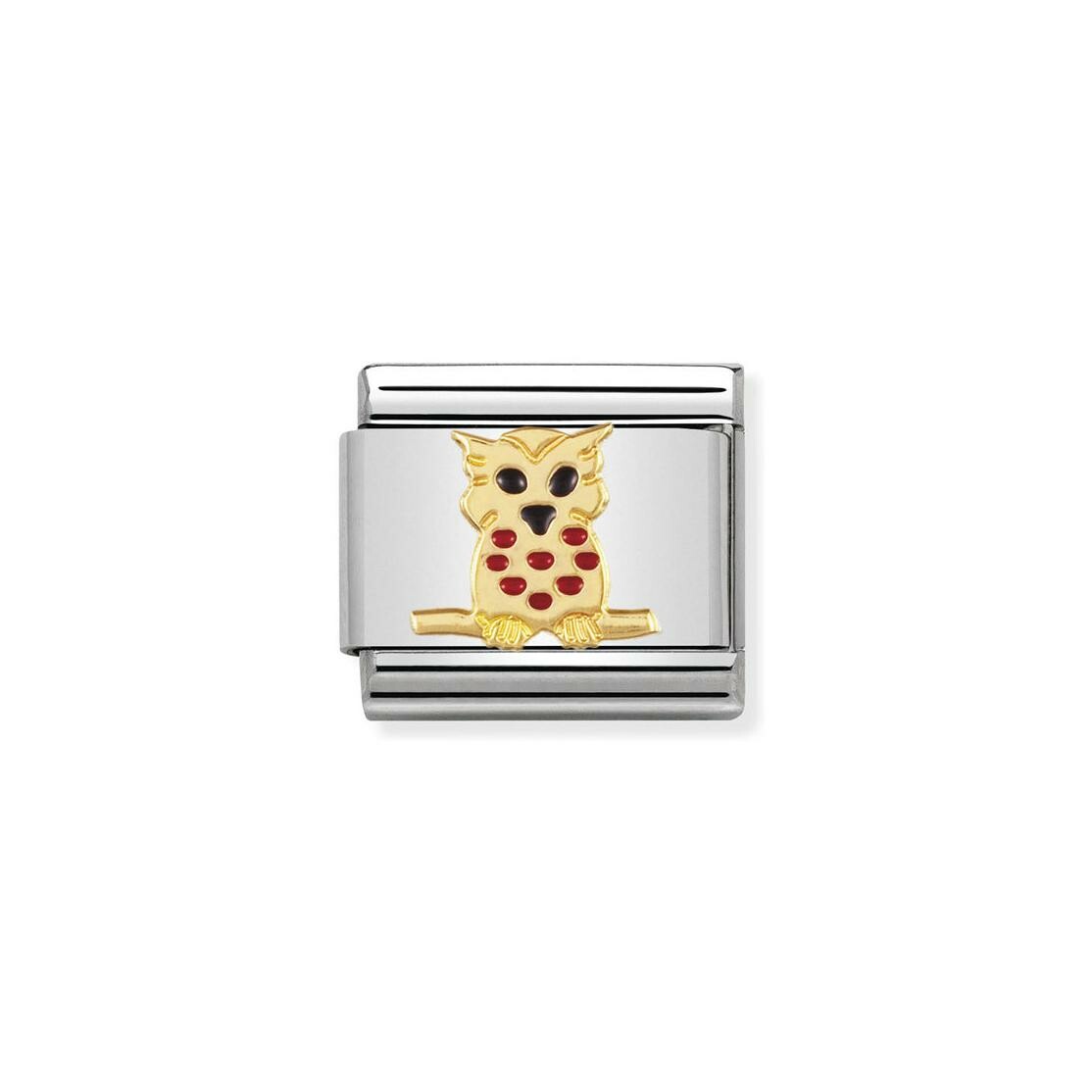 Charms Nomination Italy Composable Animaux en acier et or jaune, émail, Hibou