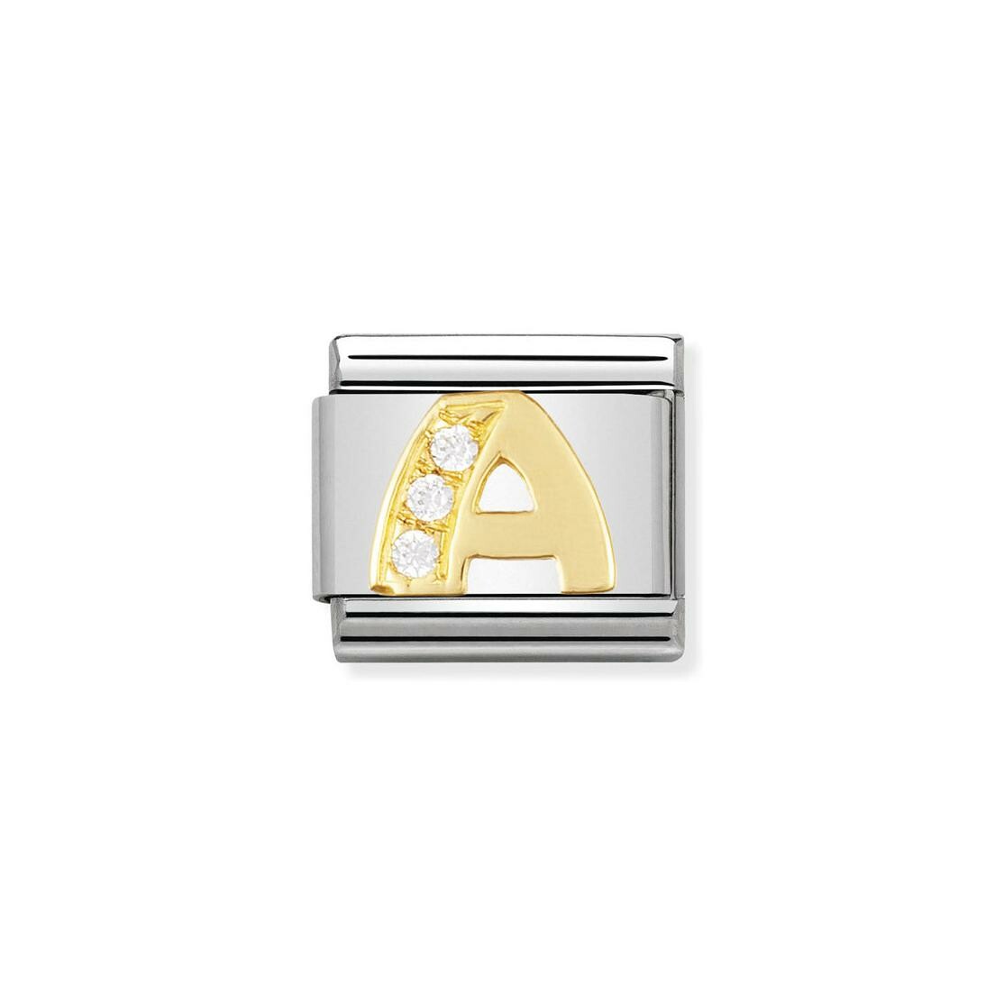 Charms Nomination Italy Composable Lettres en acier, or jaune et zircon, A