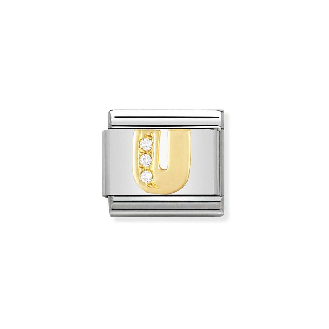 Charms Nomination Italy Composable Lettres en acier, or jaune et zircon, U