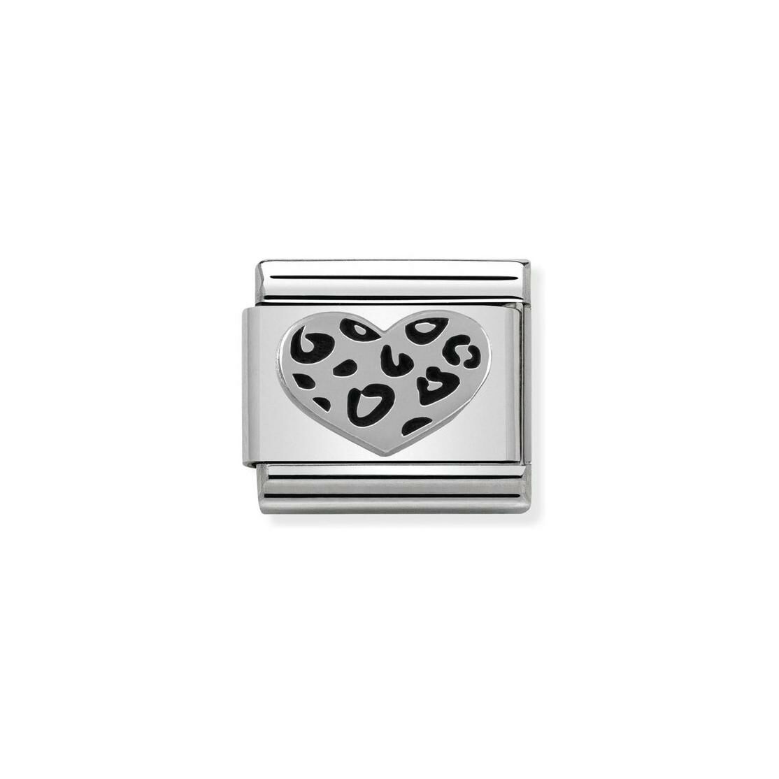 Charms Nomination Italy Composable Symboles en acier, argent et oxydes de zirconium, Coeur leopard