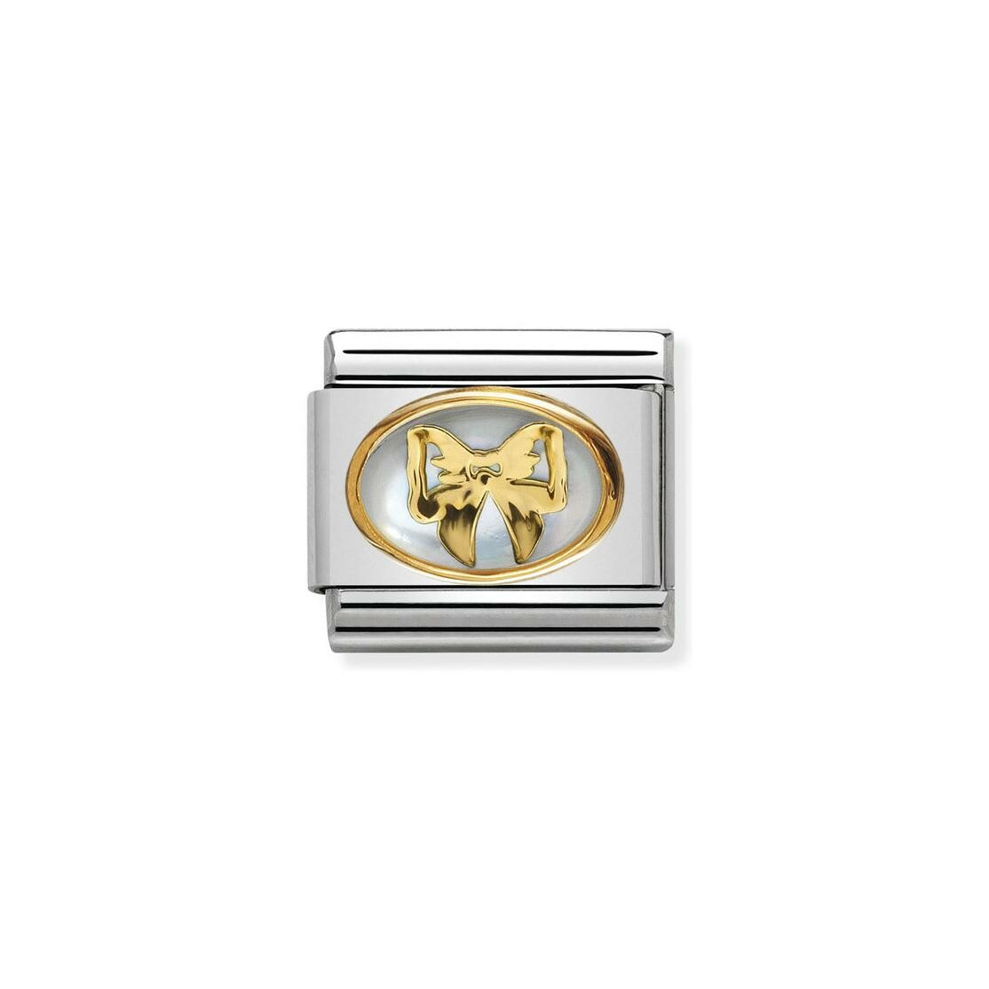 Charms Nomination Italy Composable Pierres en acier, or jaune et nacre, Ruban nacre blanche