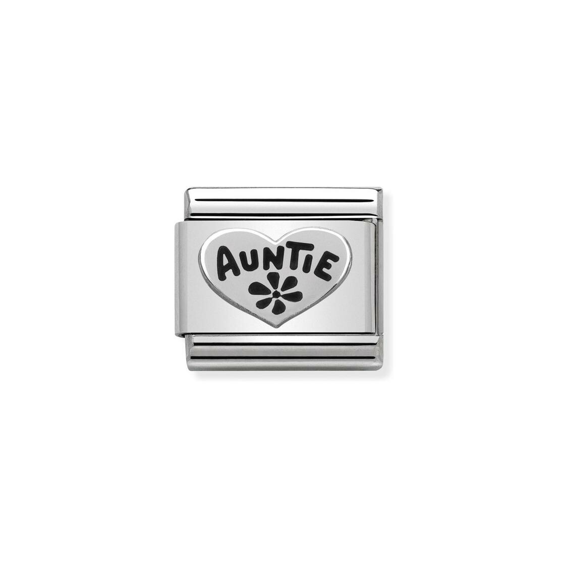 Charms Nomination Italy Composable Symboles en acier, argent et oxydes de zirconium, Coeur Auntie