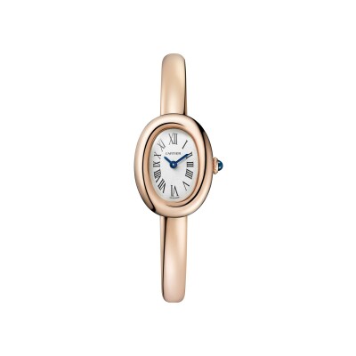 Montre Baignoire de Cartier, mini modèle taille 15, mouvement à quartz, or rose, cabochon de saphir vue 1
