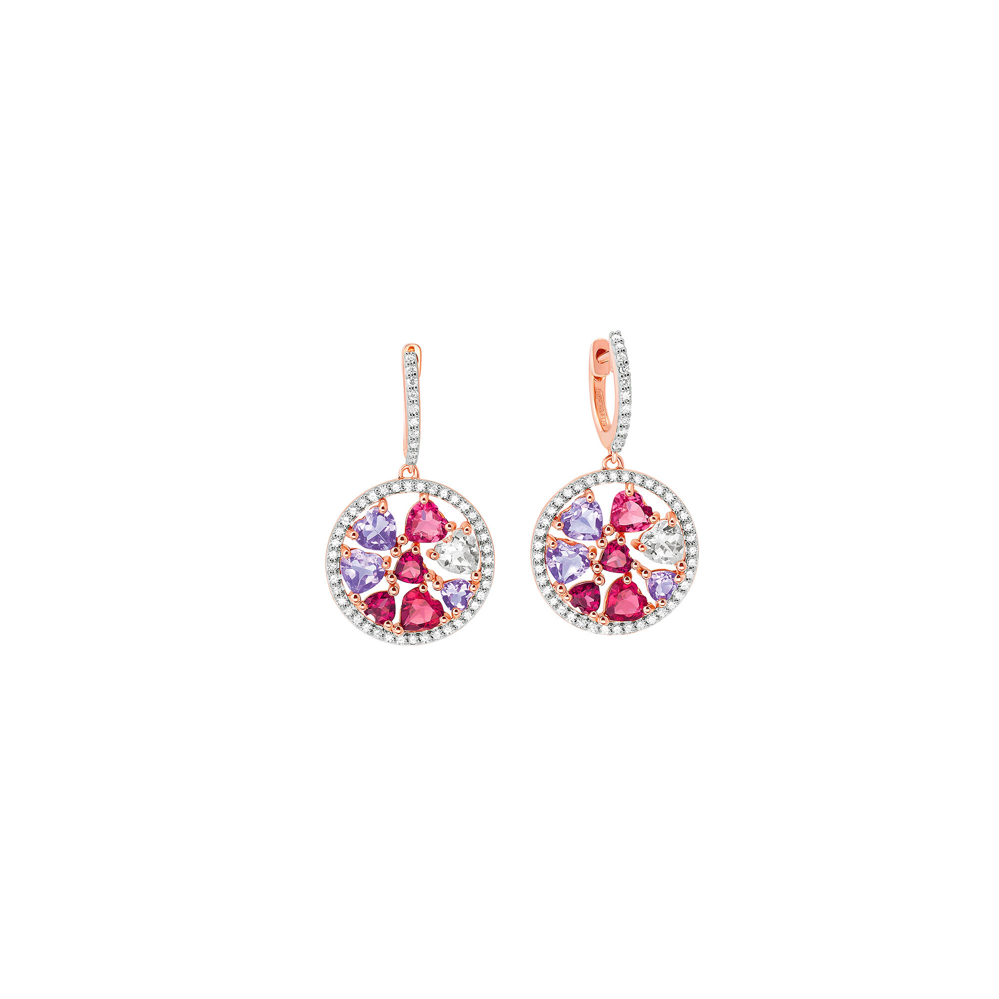 Boucles d'oreilles or rose, diamants améthyste lavande, morganite, tourmaline rose, rhodolite vue 1