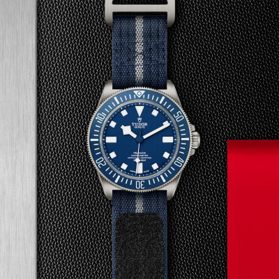 TUDOR Pelagos FXD watch, bidirectional rotating bezel, navy blue fabric strap view 3