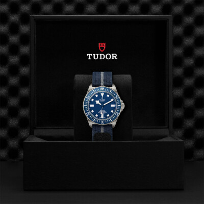 TUDOR Pelagos FXD watch, bidirectional rotating bezel, navy blue fabric strap view 5