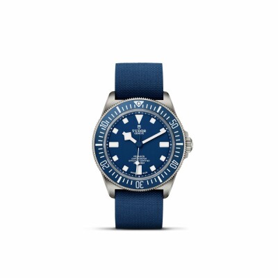 TUDOR Pelagos FXD watch, bidirectional rotating bezel, navy blue fabric strap view 2