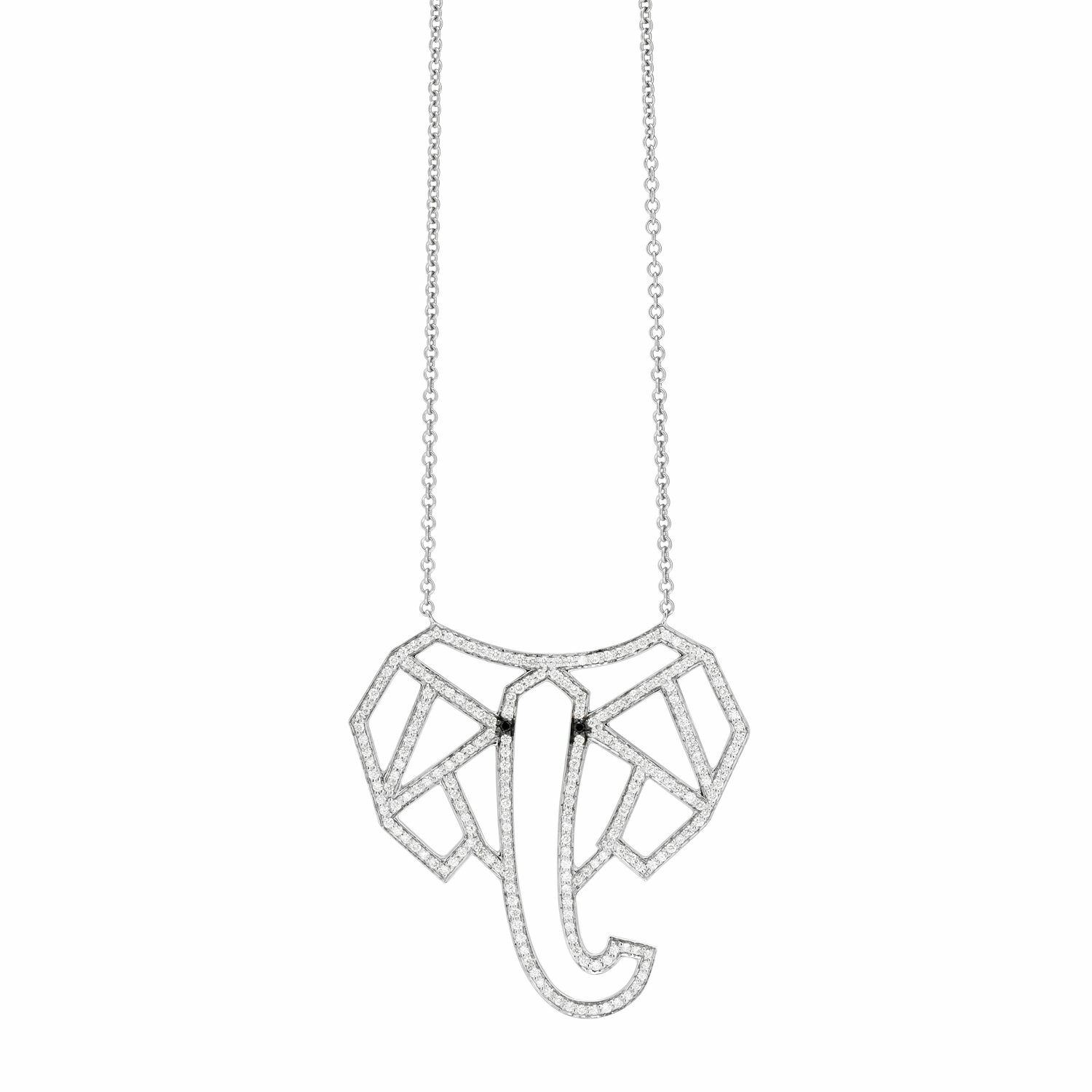 Collier éléphants en or gris pavé diamants noirs et diamants vue 1