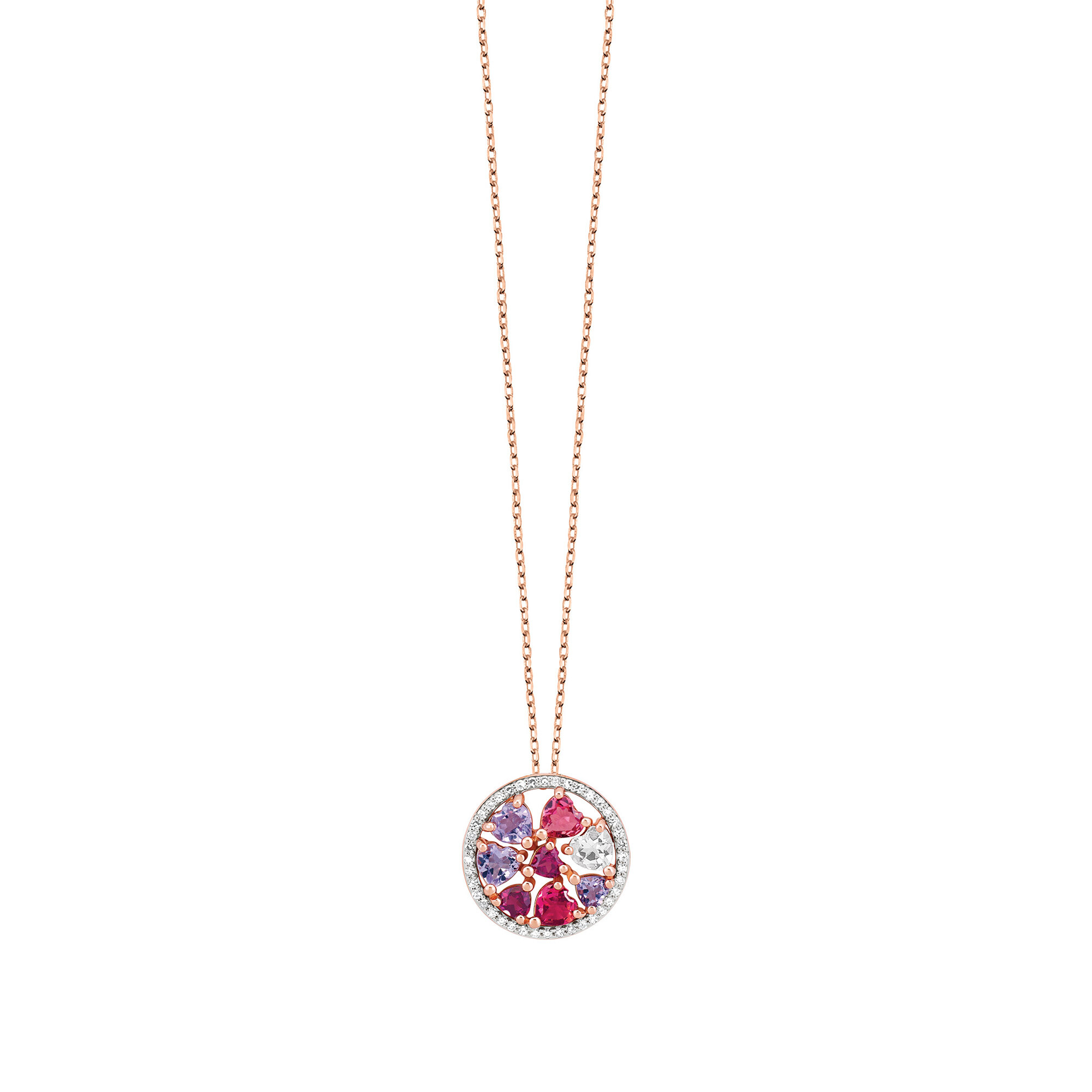 Collier or rose, diamants, améthyste lavande, morganite, tourmaline rose, rhodolite vue 1