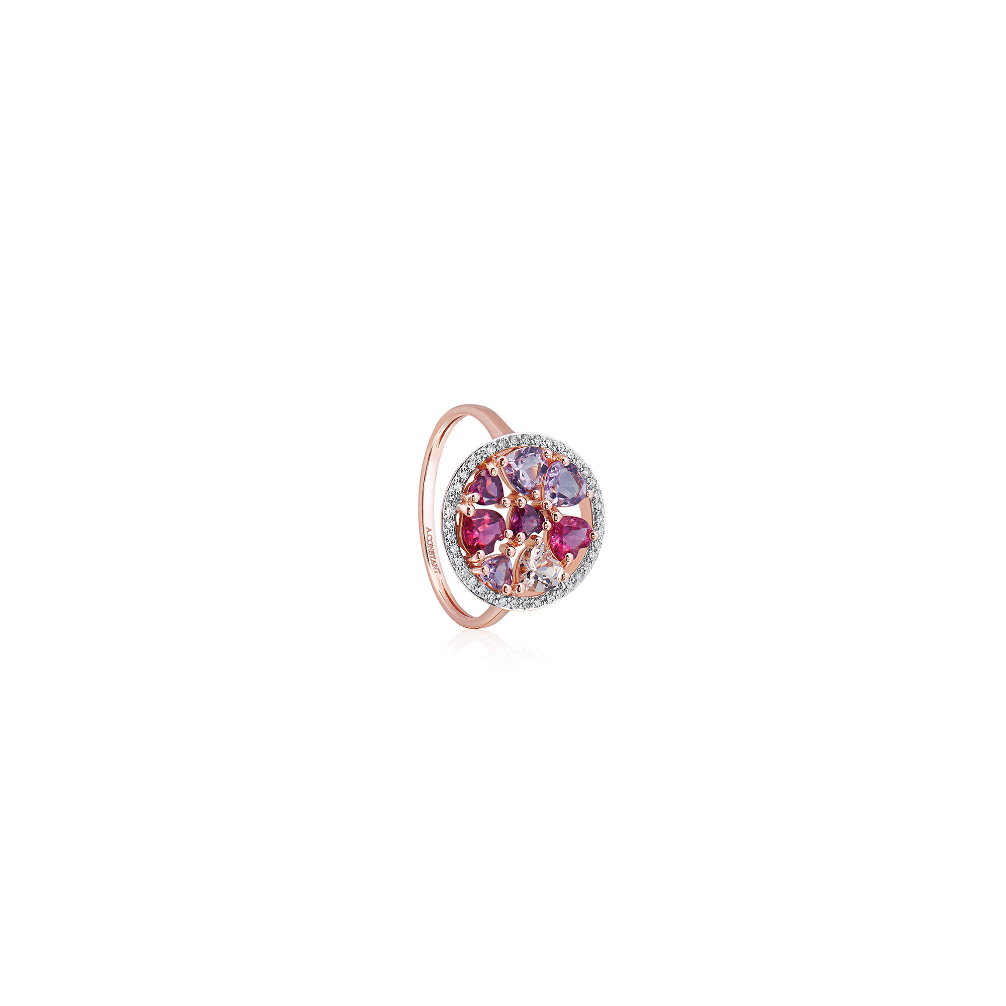 Bague or rose, diamants, améthyste lavande, morganite tourmaline rose, rhodolite vue 1