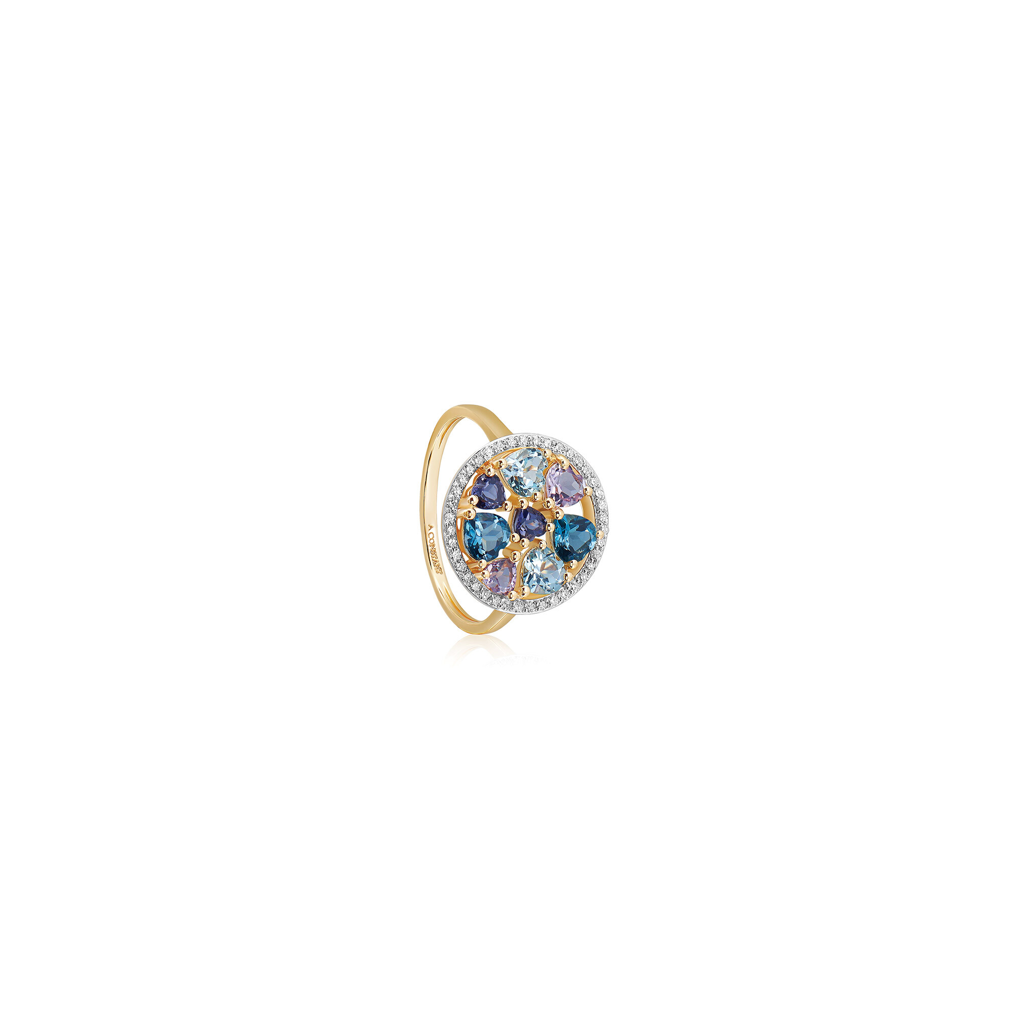 Bague or jaune, diamants, topaze bleue, cordiérite, améthyste lavande, topaze London vue 1