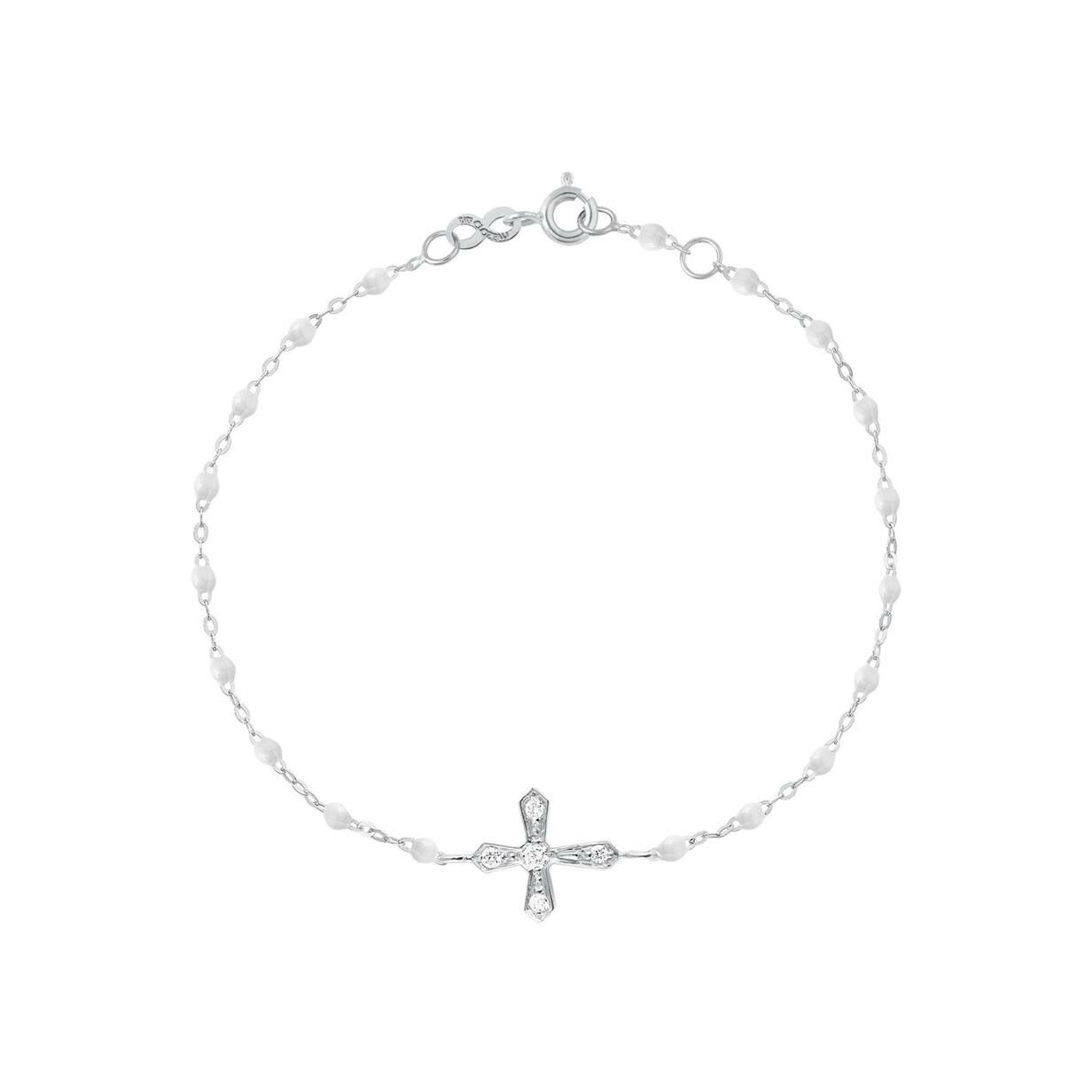 Bracelet Gigi Clozeau Croix Vintage en or blanc, résine blanche et diamants, taille 17cm 
