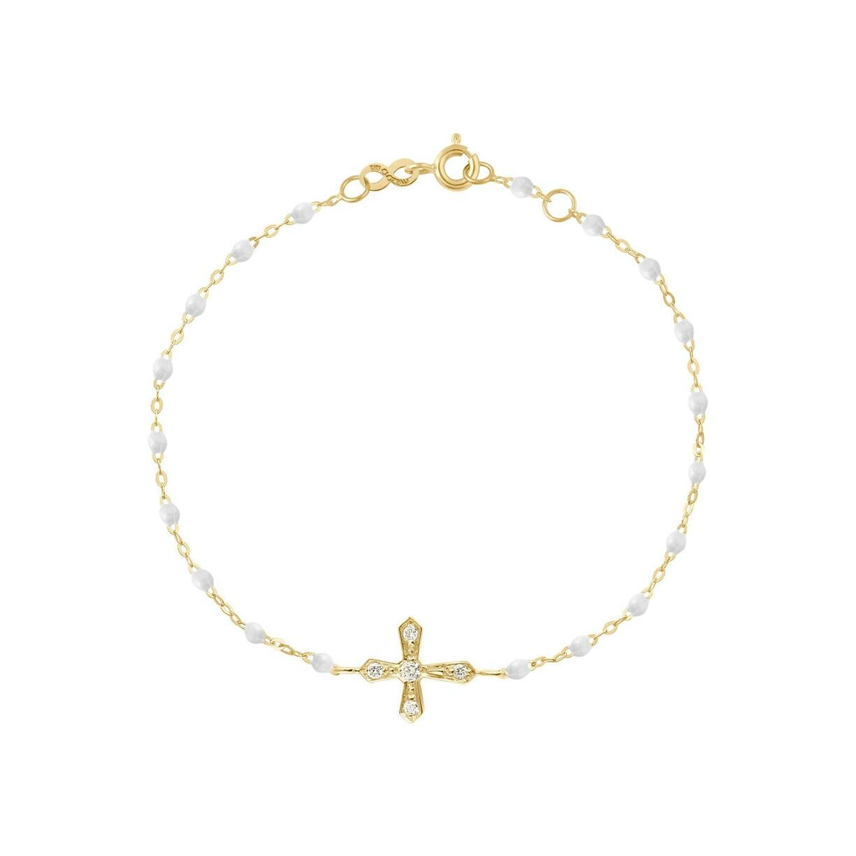Bracelet Gigi Clozeau Croix Vintage en or jaune, résine blanche et diamants, taille 17cm 