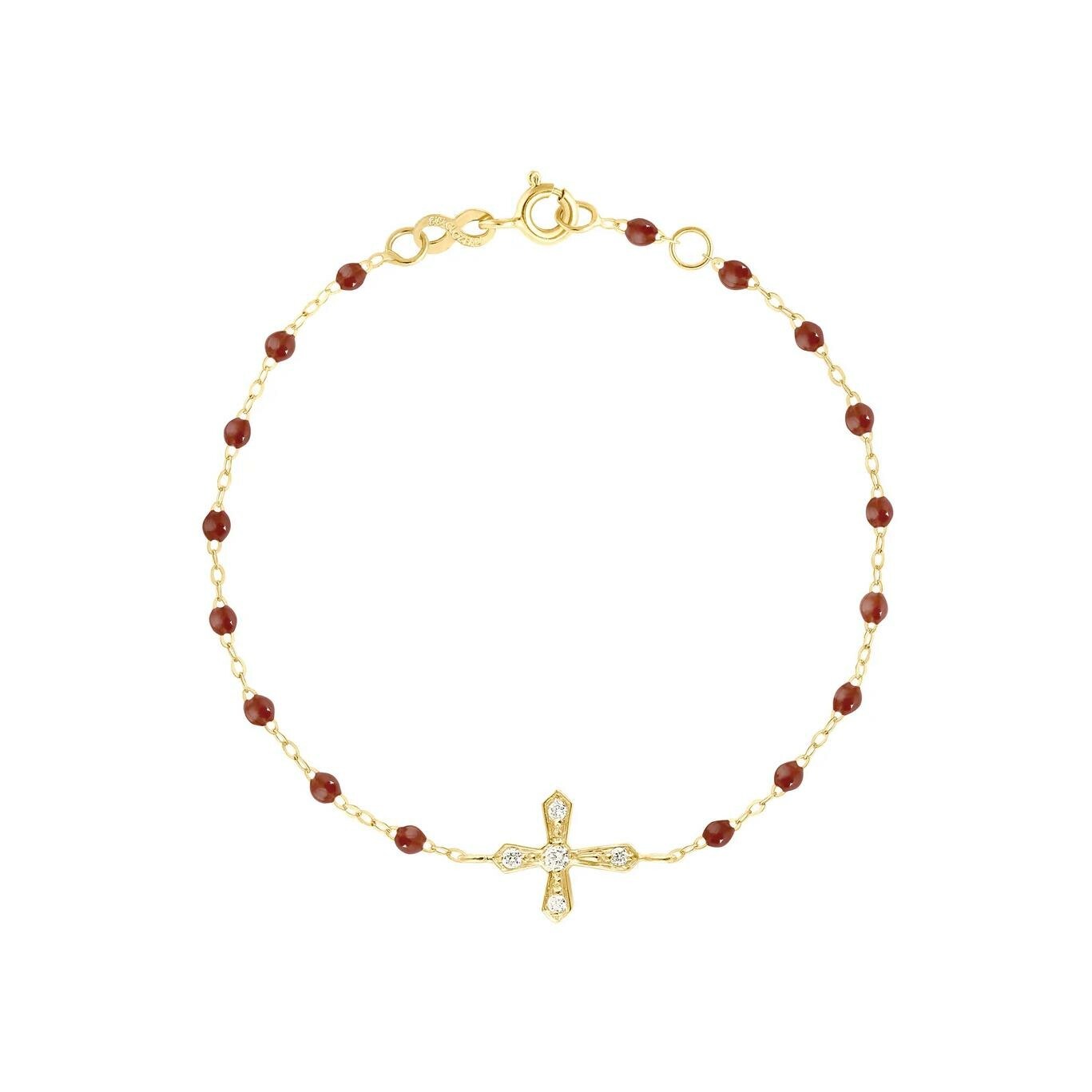 Bracelet Gigi Clozeau Croix Vintage en or jaune, résine moka et diamants, taille 17cm