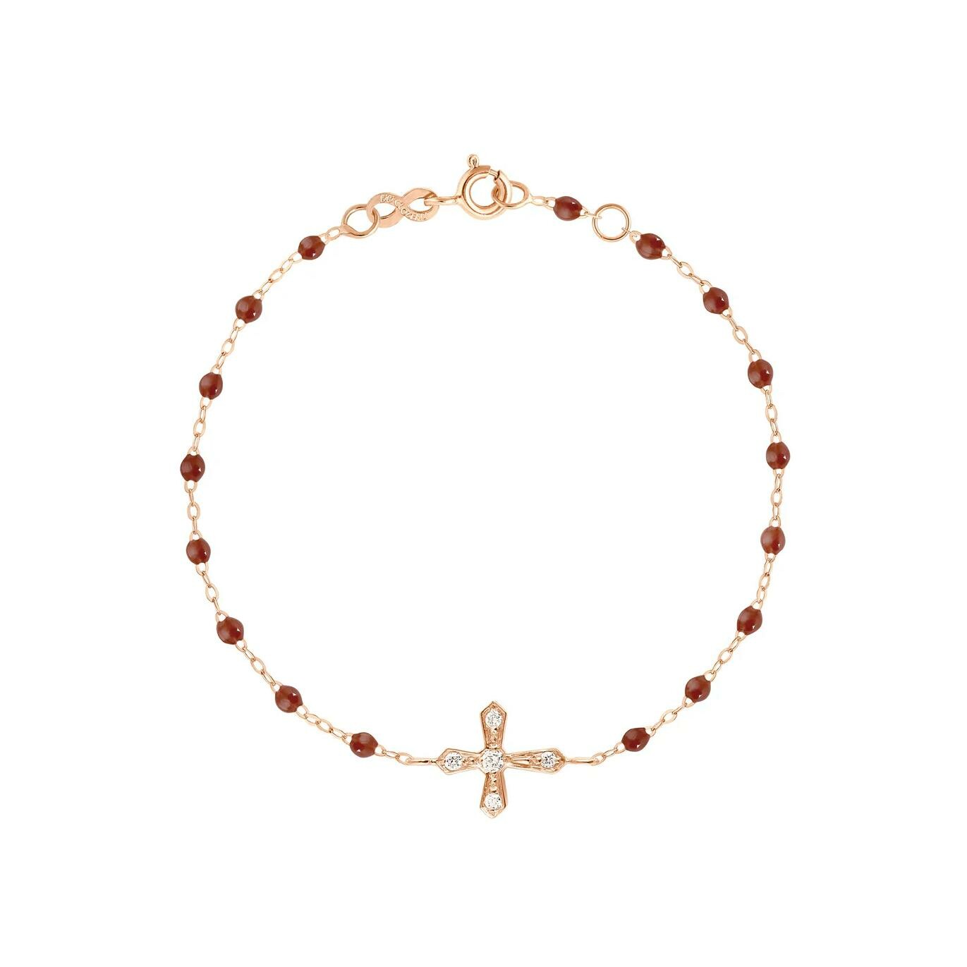 Bracelet Gigi Clozeau Croix Vintage en or rose, résine moka et diamants, taille 17cm