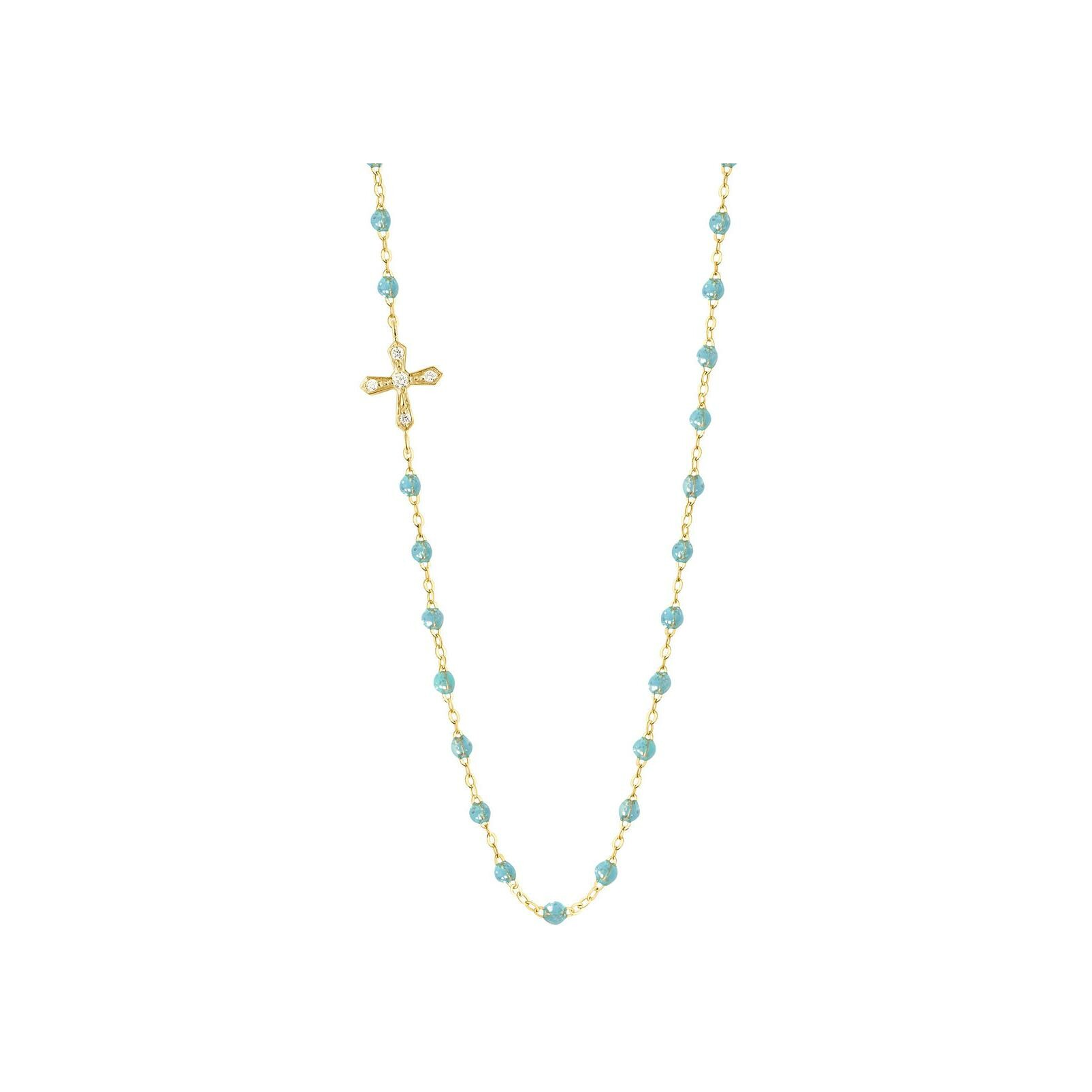 Collier Gigi Clozeau Croix Vintage en or jaune, résine aqua et diamants, taille 42cm 