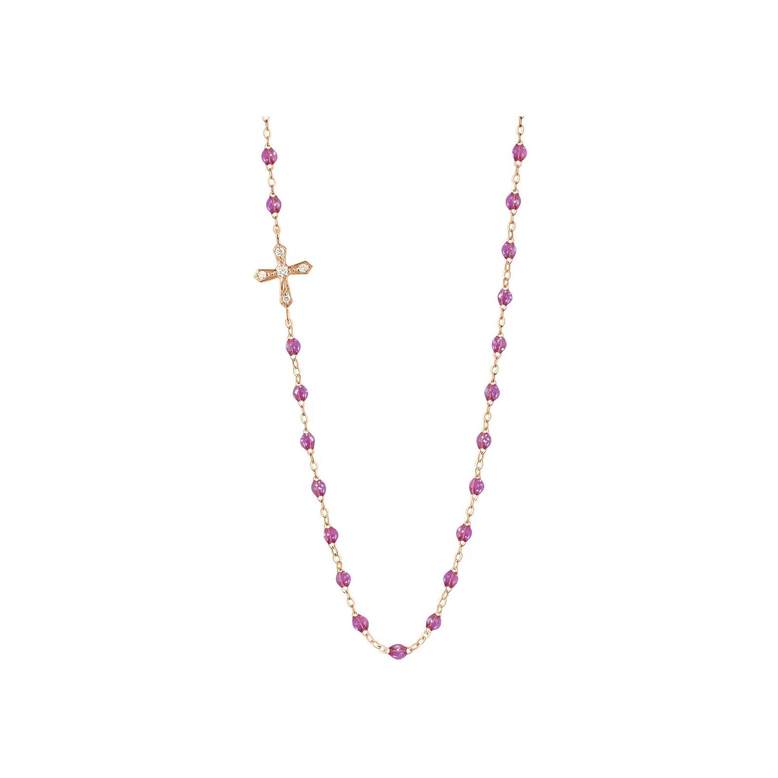 Collier Gigi Clozeau Croix Vintage en or rose, résine galaxy et diamants, taille 42cm 