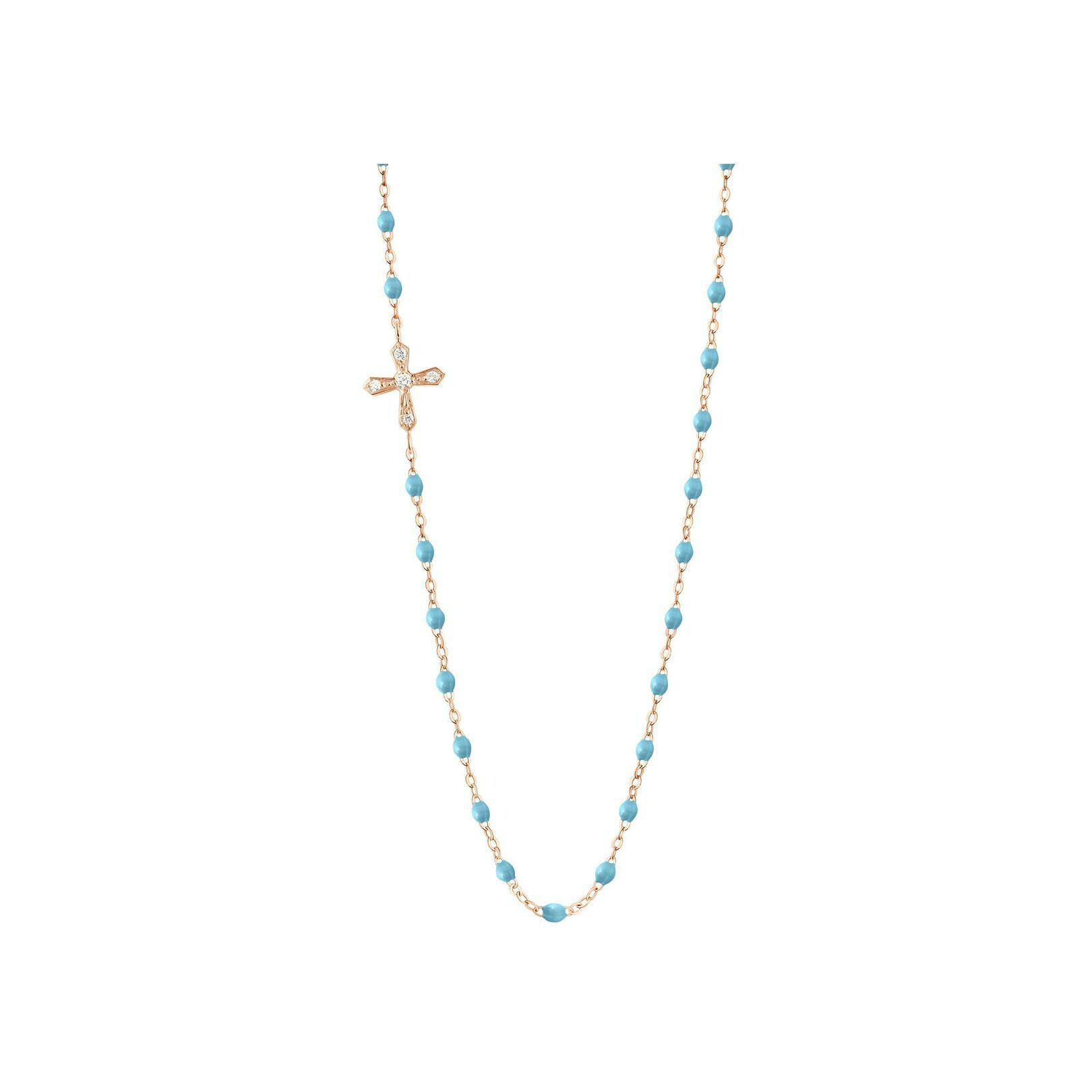 Collier Gigi Clozeau Croix Vintage en or rose, résine turquoise bleu et diamants, taille 42cm 