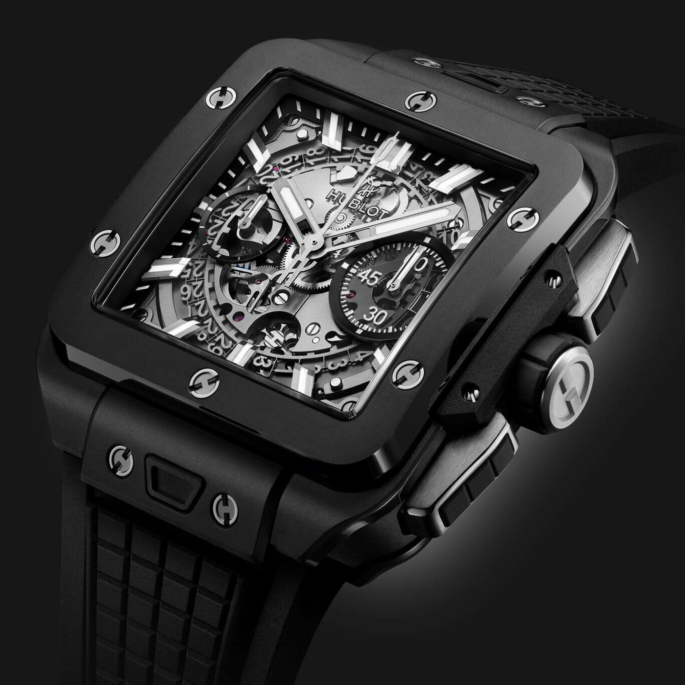 Boîtier carré et vis apparentes d’une montre Hublot Square Bang