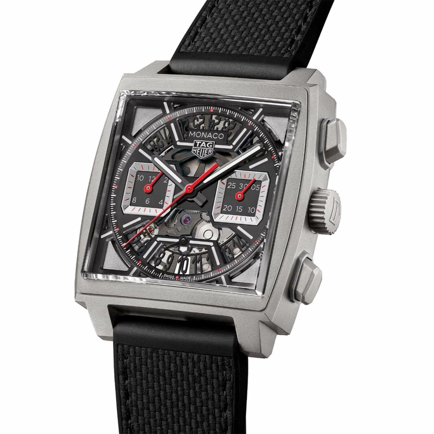 Boîtier carré et poussoirs d’une montre TAG Heuer Monaco
