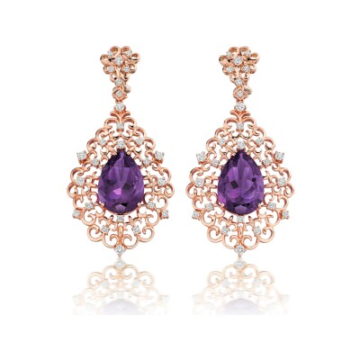 Boucles d'oreilles pendantes Asilah en or rose, diamants et améthyste