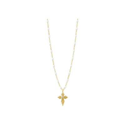 Collier Gigi Clozeau Croix lumière en or jaune, résine blanche et diamant, 42cm