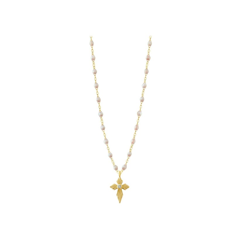 Collier Gigi Clozeau Croix lumière en or jaune, résine opale et diamant, 42cm