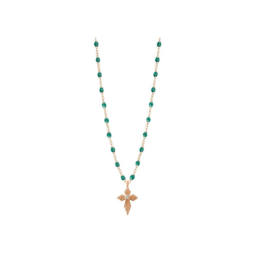 Gigi Clozeau Croix lumière necklace, pink gold, emerald green resin and diamond, 42cm